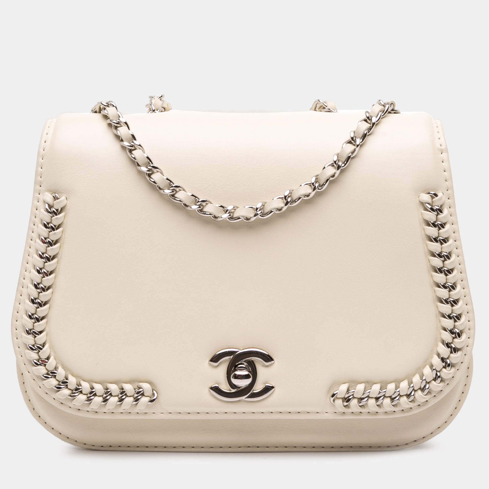 Pre Owned Chanel White Small Calfskin Braided Chic Flap