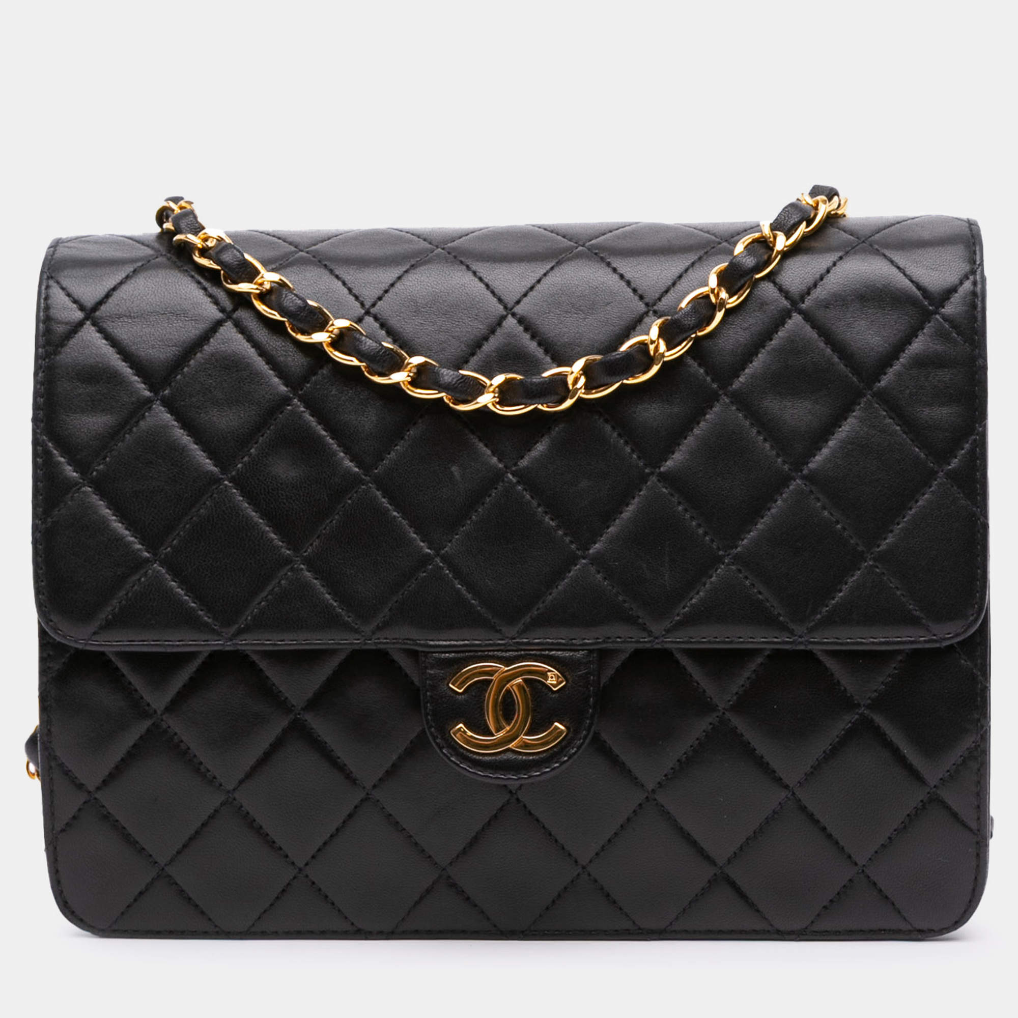 Pre Owned Chanel Black Small CC Quilted Lambskin Half Single Flap Bag