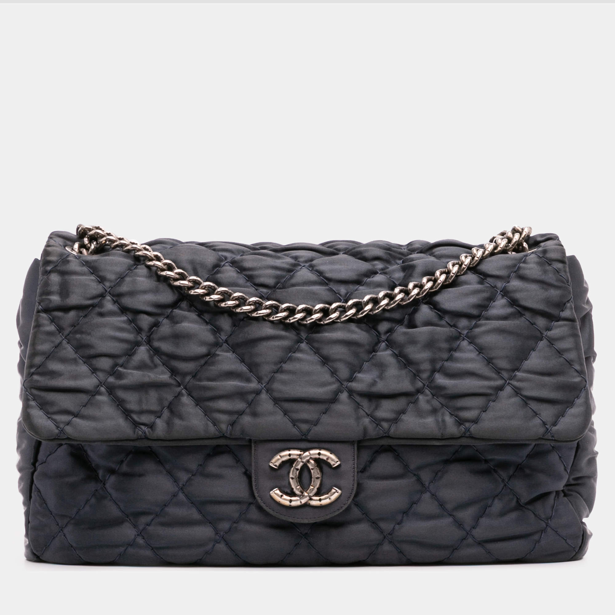 Pre Owned Chanel Black Extra Large CC Quilted Satin Single Flap Bag