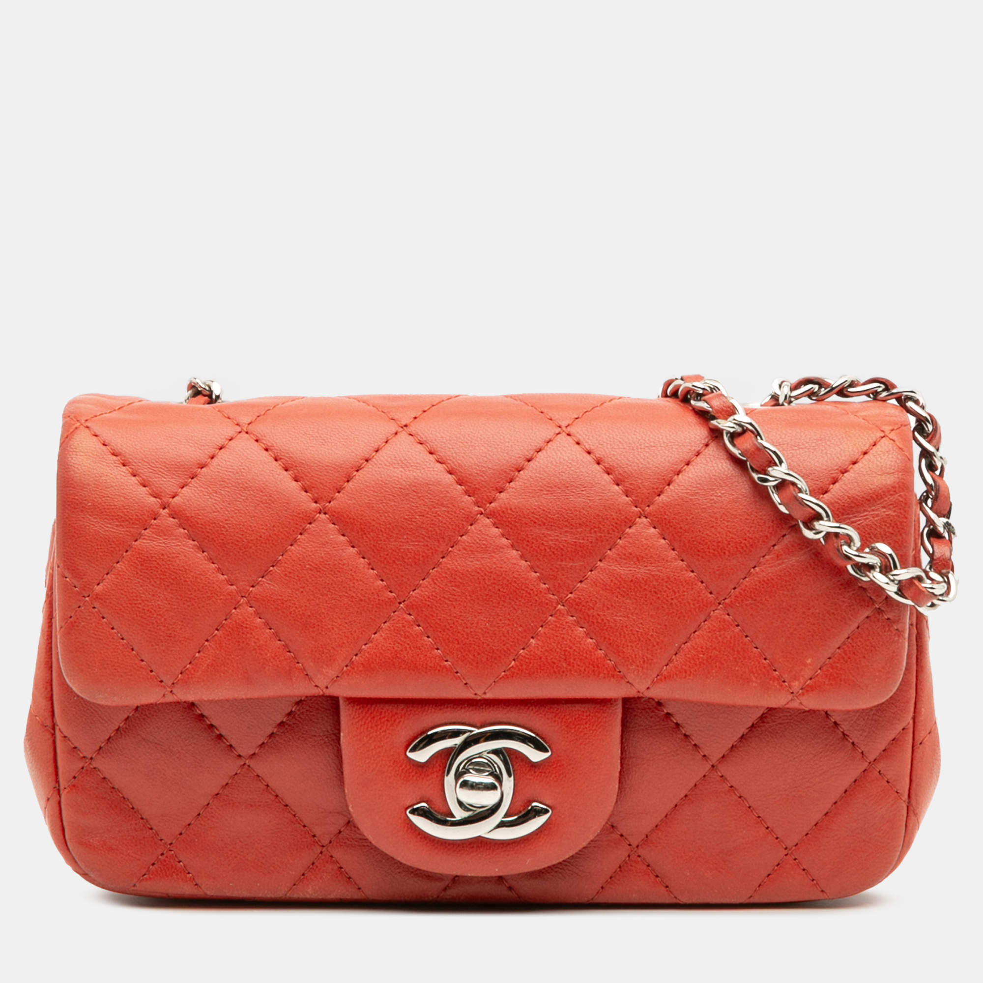 Pre Owned Chanel Red Extra Mini Rectangular Classic Lambskin Single Flap Bag