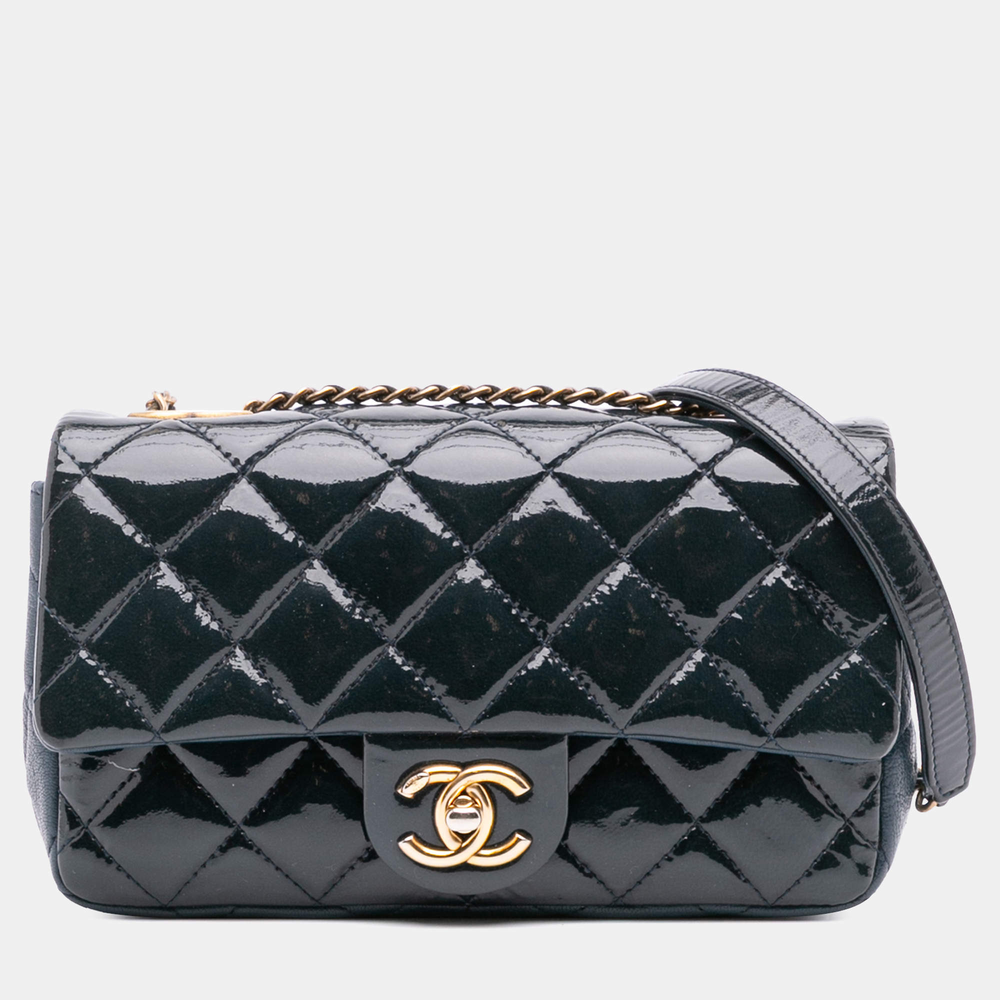 Pre Owned Chanel Navy Blue Paris-Salzburg Small Patent and Goatskin CC Eyelet Flap Bag