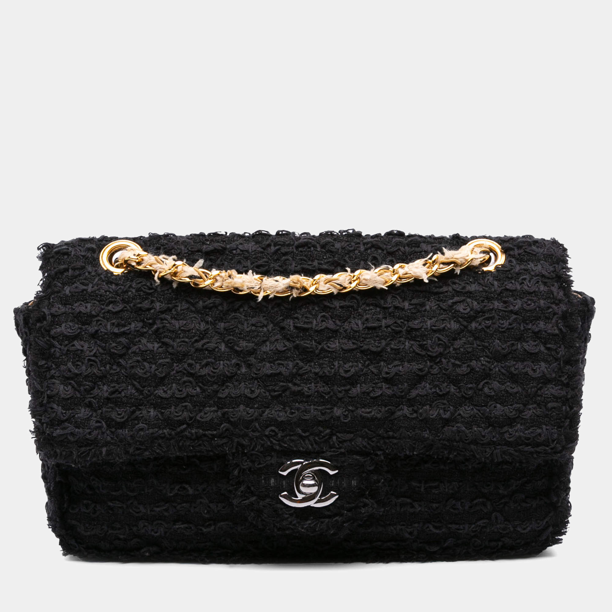 Pre Owned Chanel Black Medium Classic Tweed Single Flap Bag