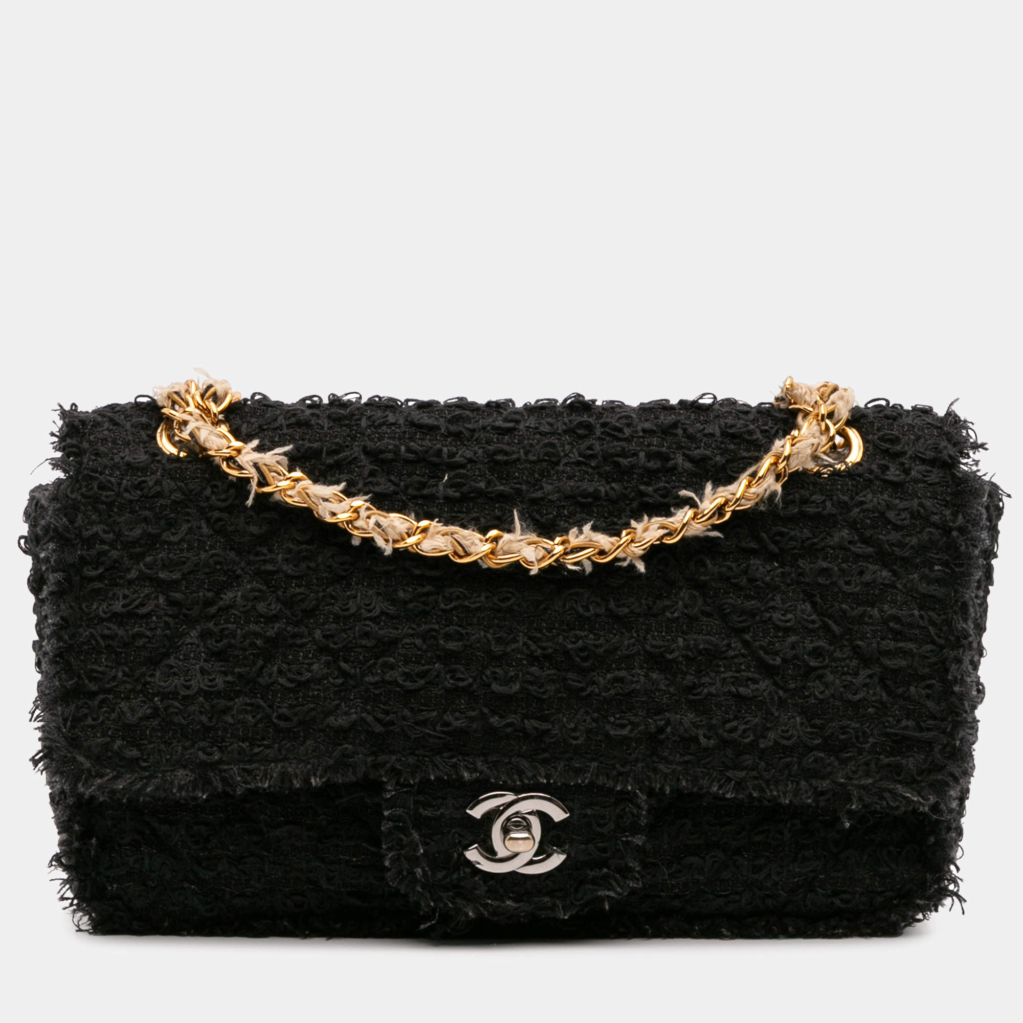 Pre Owned Chanel Black Medium Classic Tweed Single Flap Bag