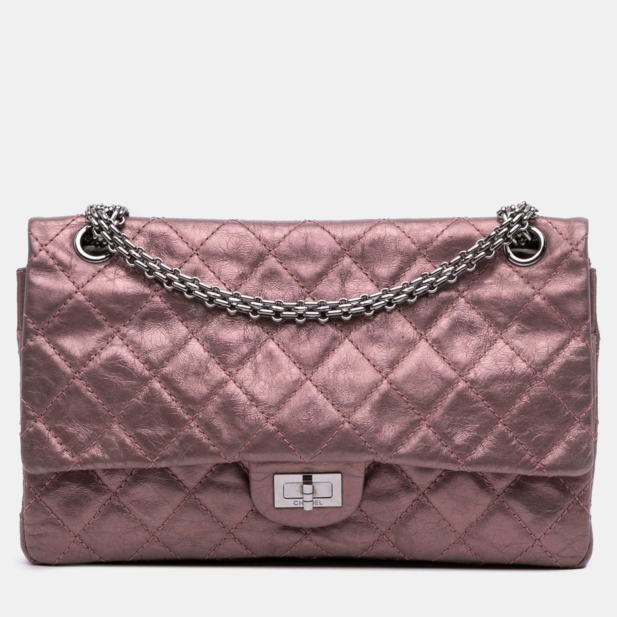 Pre Owned Chanel Pink Reissue 2.55 Aged Metallic Calfskin Double Flap Bag 226