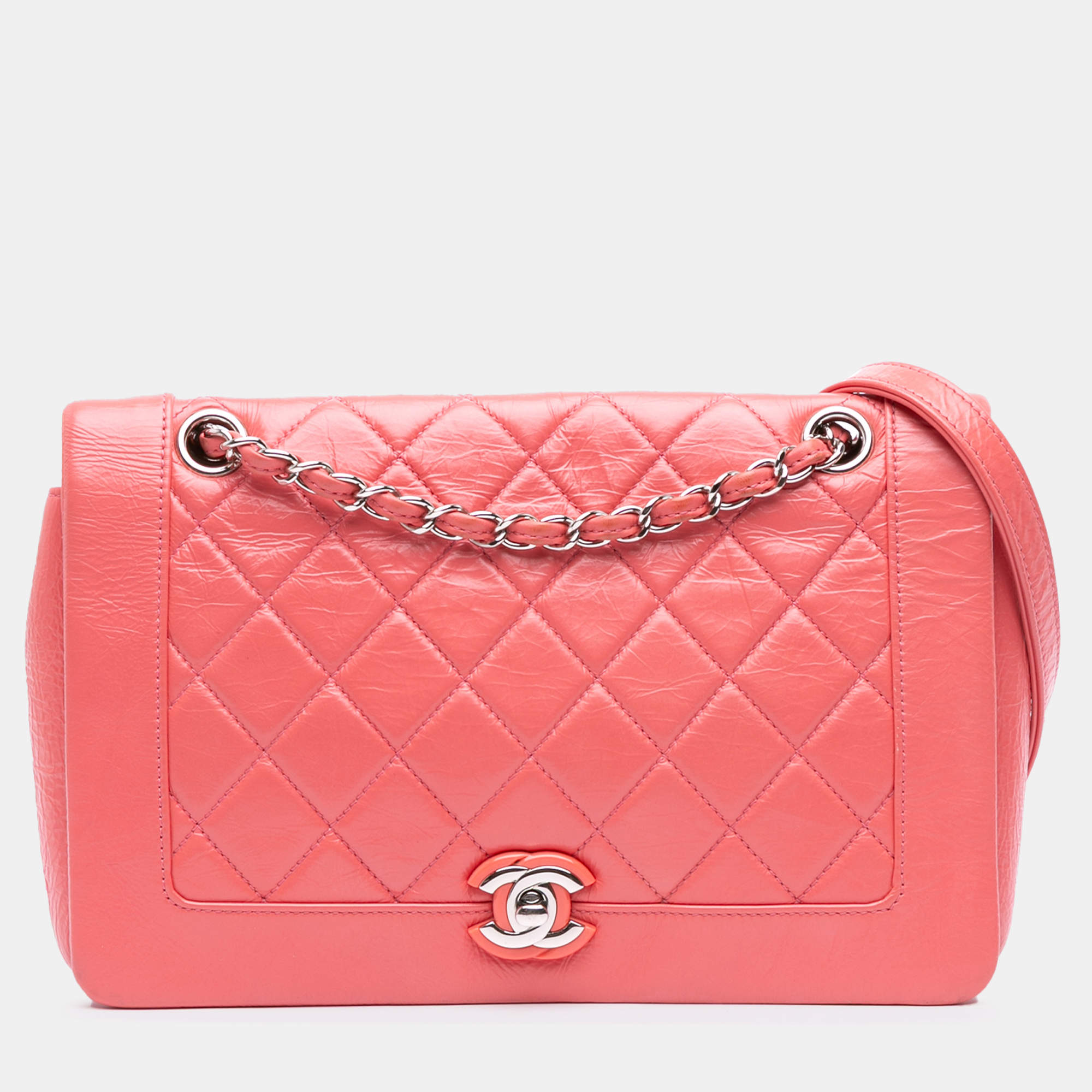 Pre Owned Chanel Pink Crumpled Calfskin Bi Quilted Vintage Full Flap