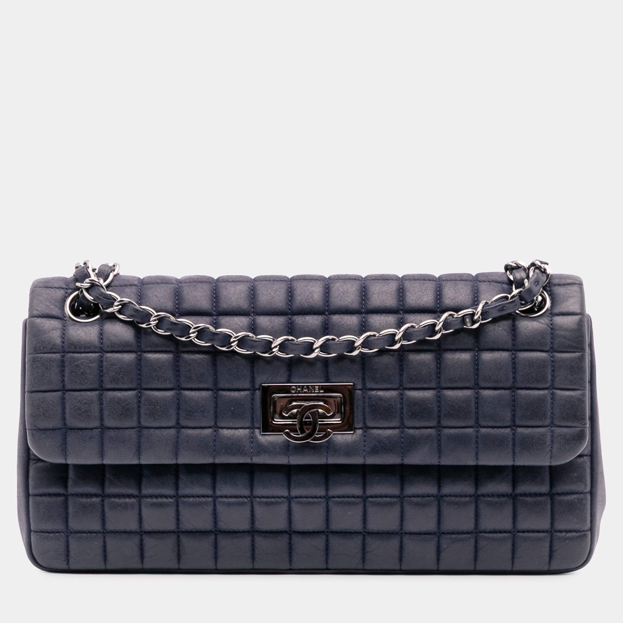 Pre Owned Chanel Blue Chocolate Bar Iridescent Calfskin Bubble Flap