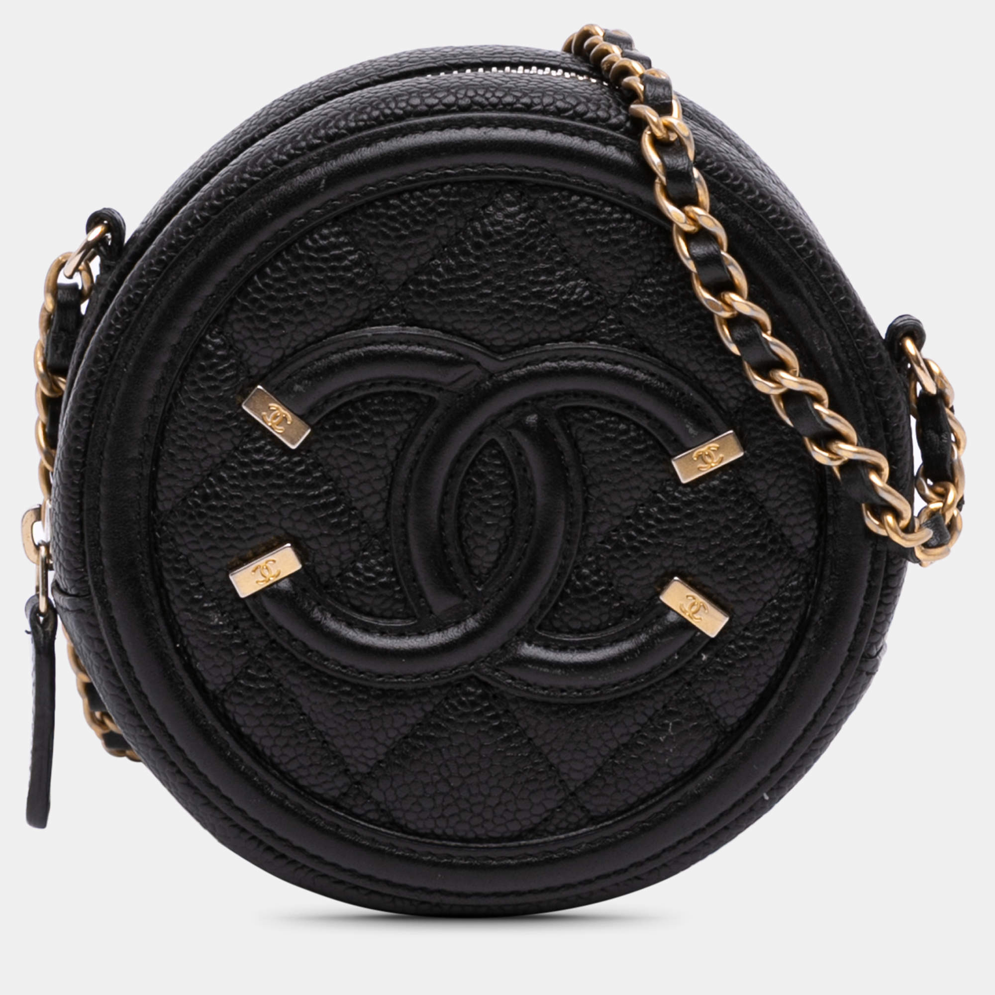 Pre Owned Chanel Black Caviar CC Filigree Round Clutch with Chain