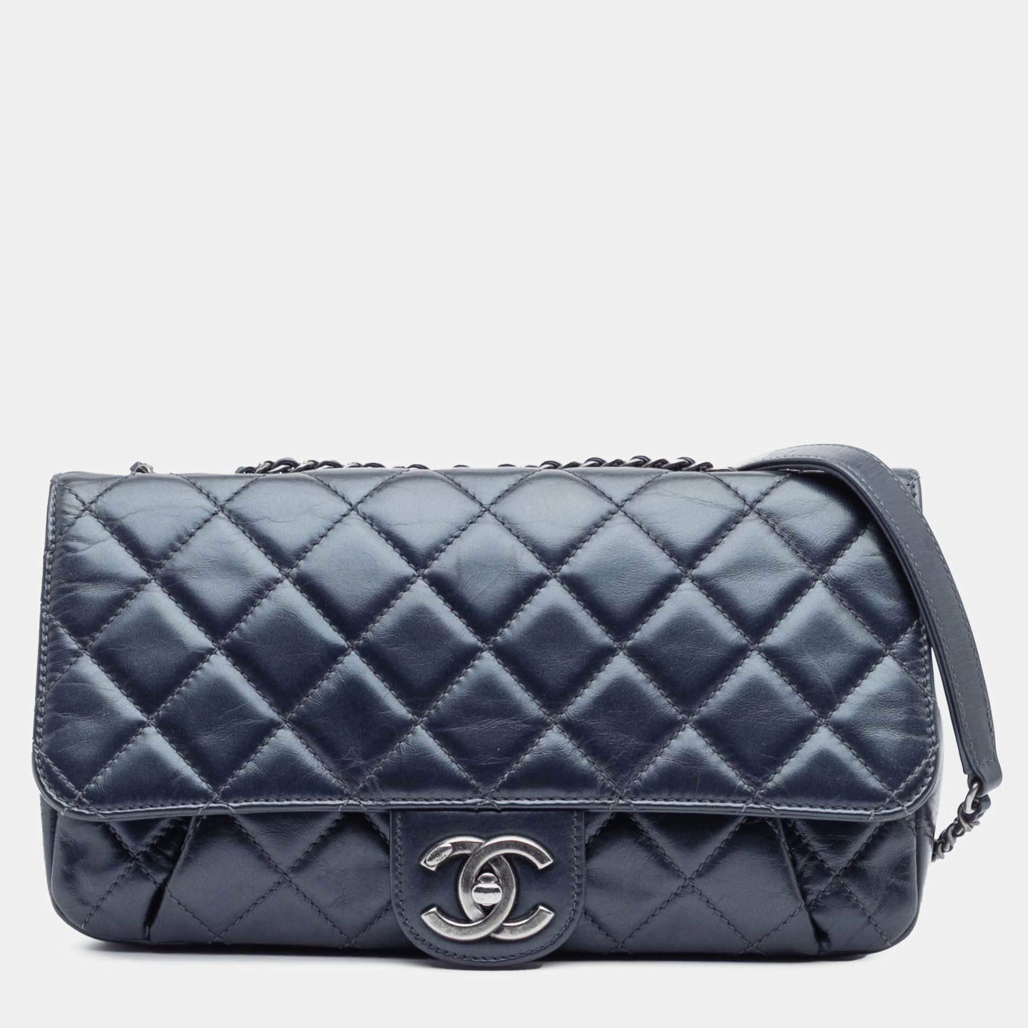 Pre Owned Chanel Blue Quilted Glazed Calfskin Coco Pleats Flap