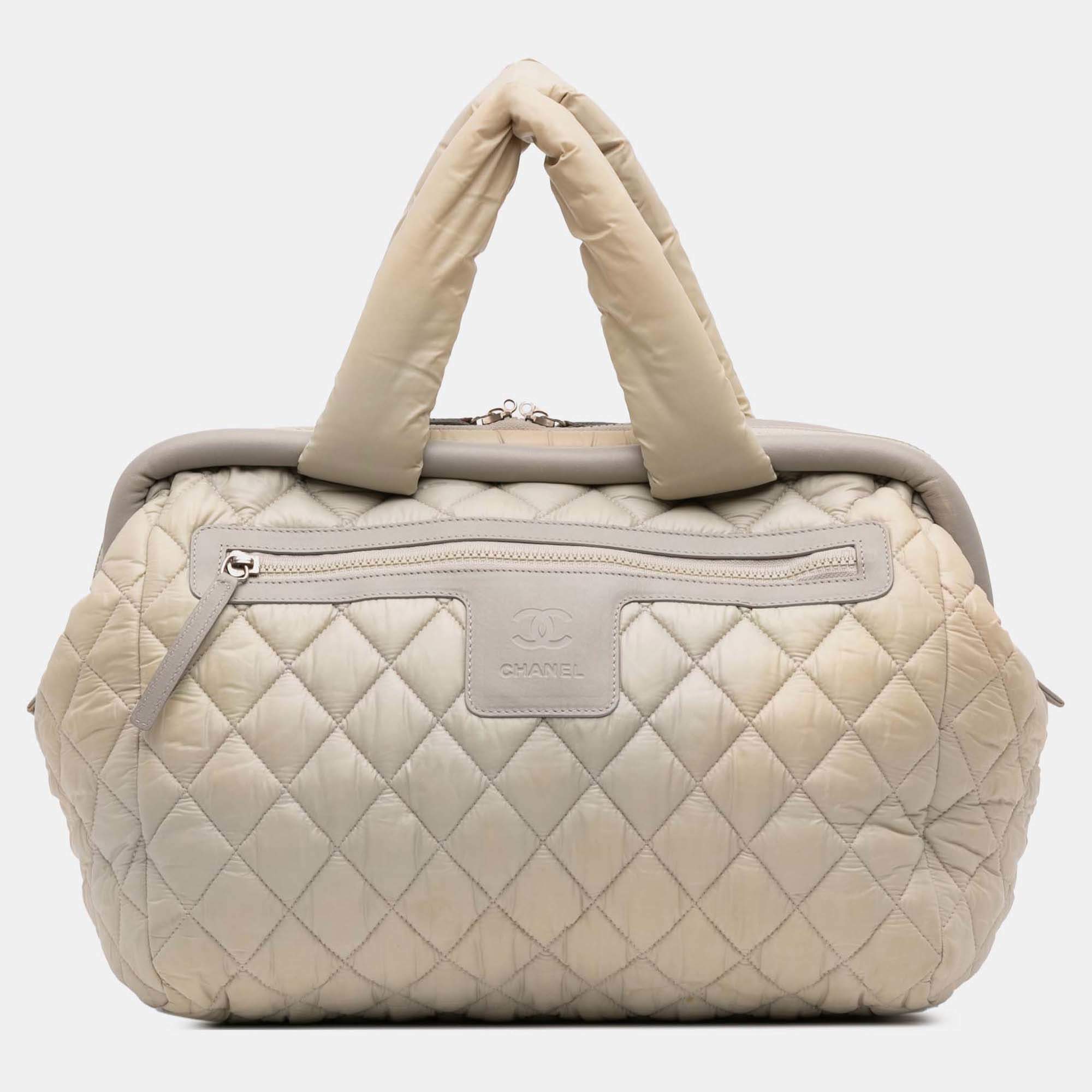 Pre Owned Chanel Beige Brown Medium Nylon Coco Cocoon Bowling Bag