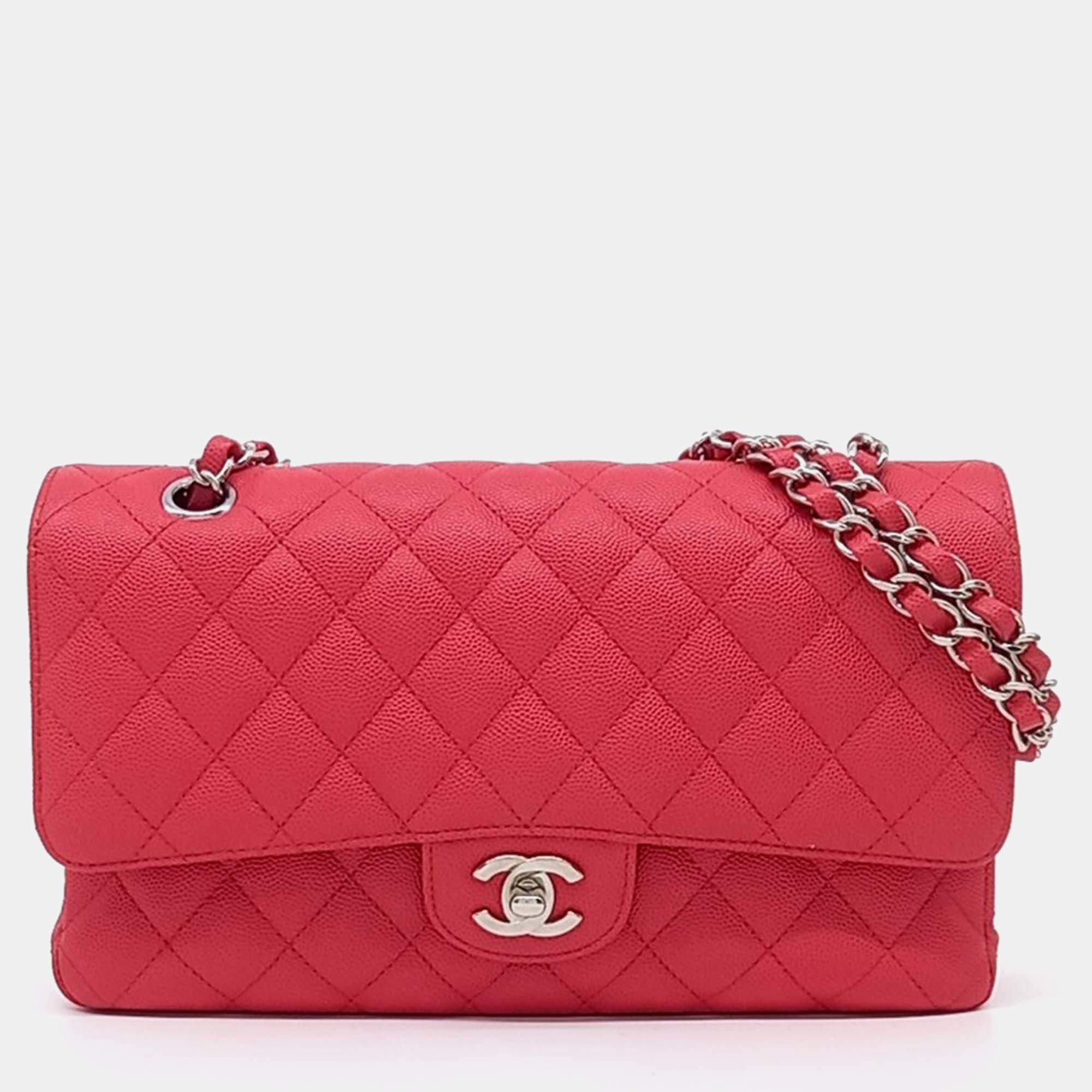 Pre Owned Chanel Red Leather Caviar Classic Medium
