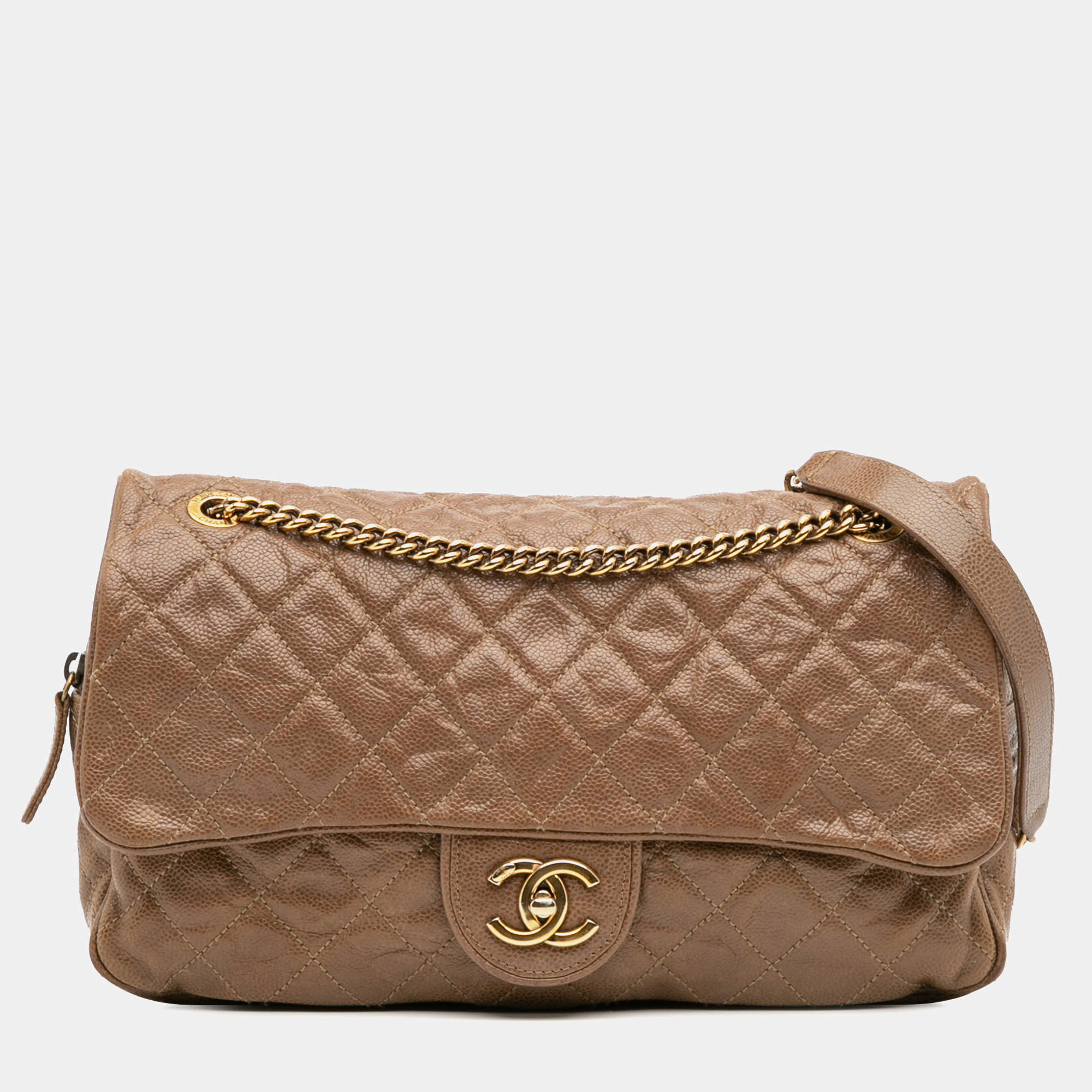 Pre Owned Chanel Brown Large Quilted Caviar Shiva Flap