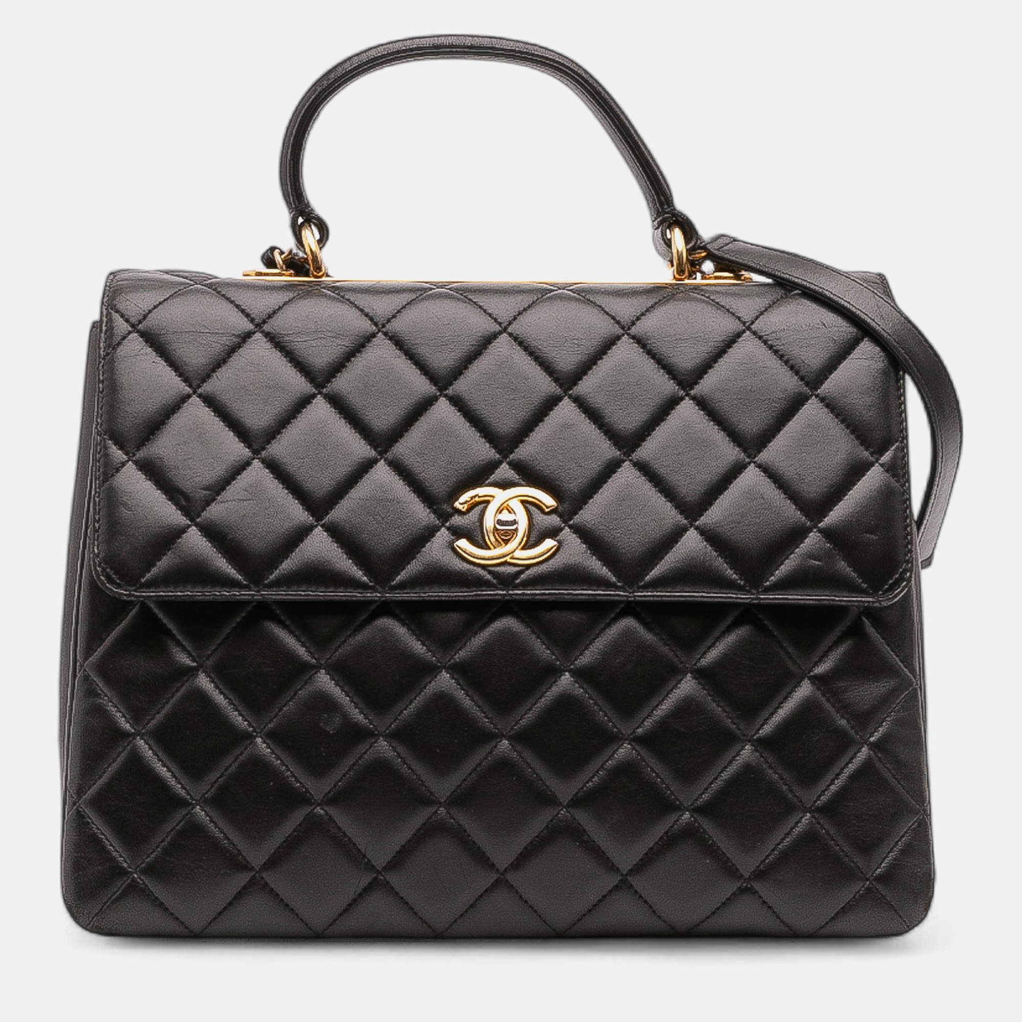 Pre Owned Chanel Black Large Lambskin Trendy CC Top Handle Flap
