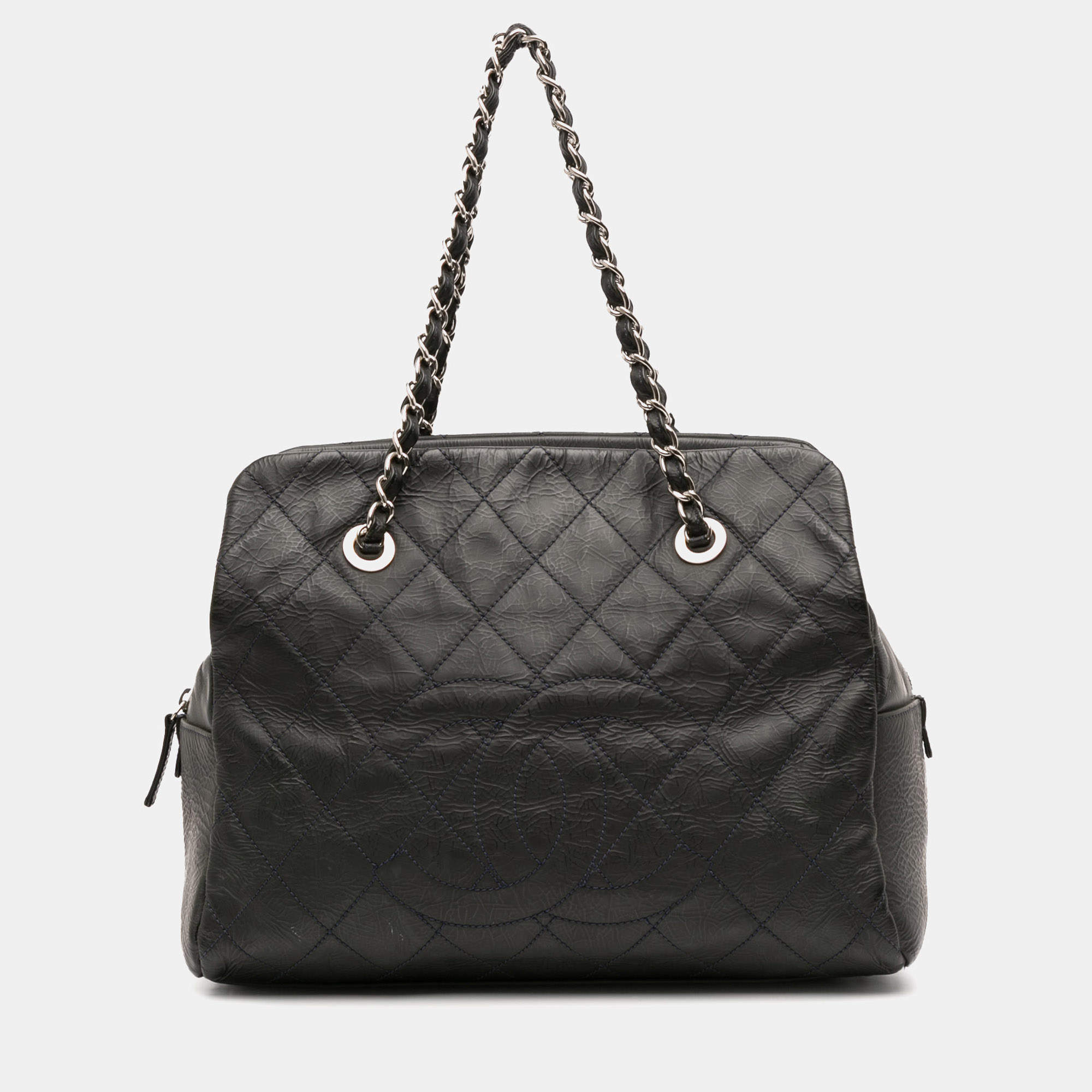 Pre Owned Chanel Grey Petite Crinkled Calfskin Timeless Tote