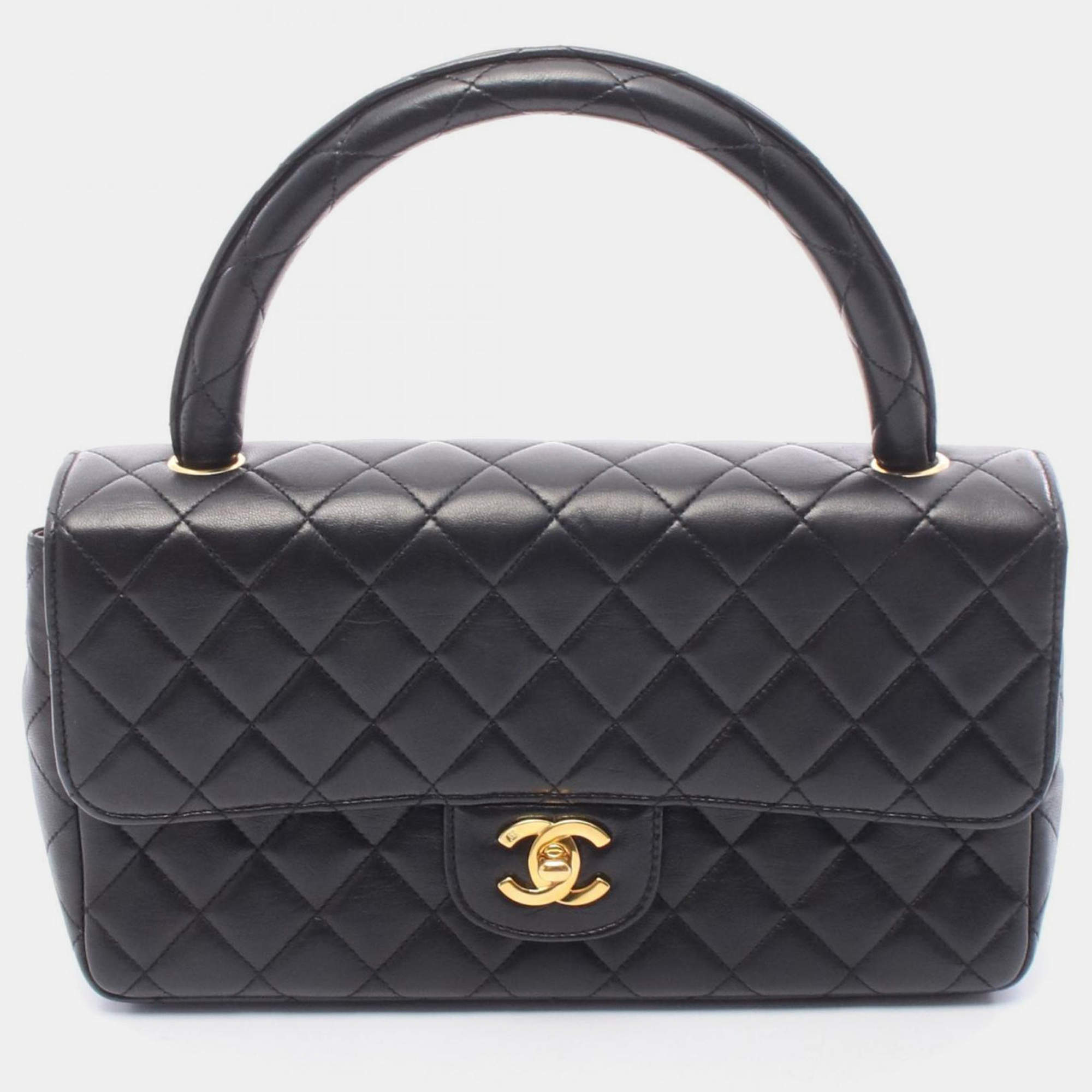 Pre Owned Chanel Kelly Black Lambskin Leather Shoulder Bag