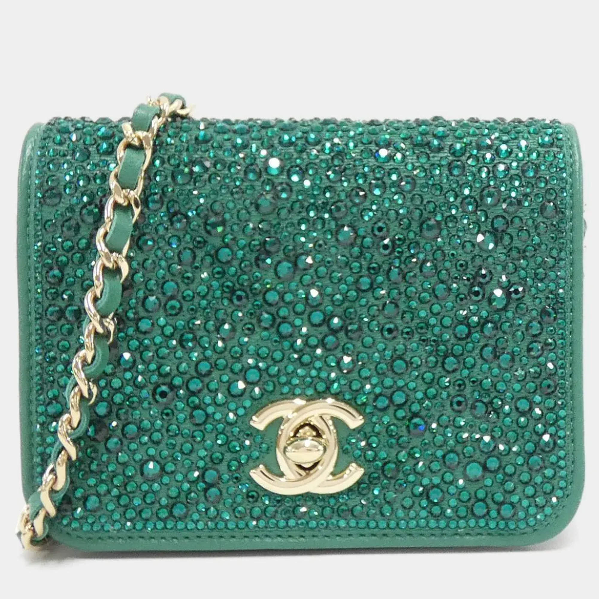 Pre Owned Chanel Green Leather Chain Clutch