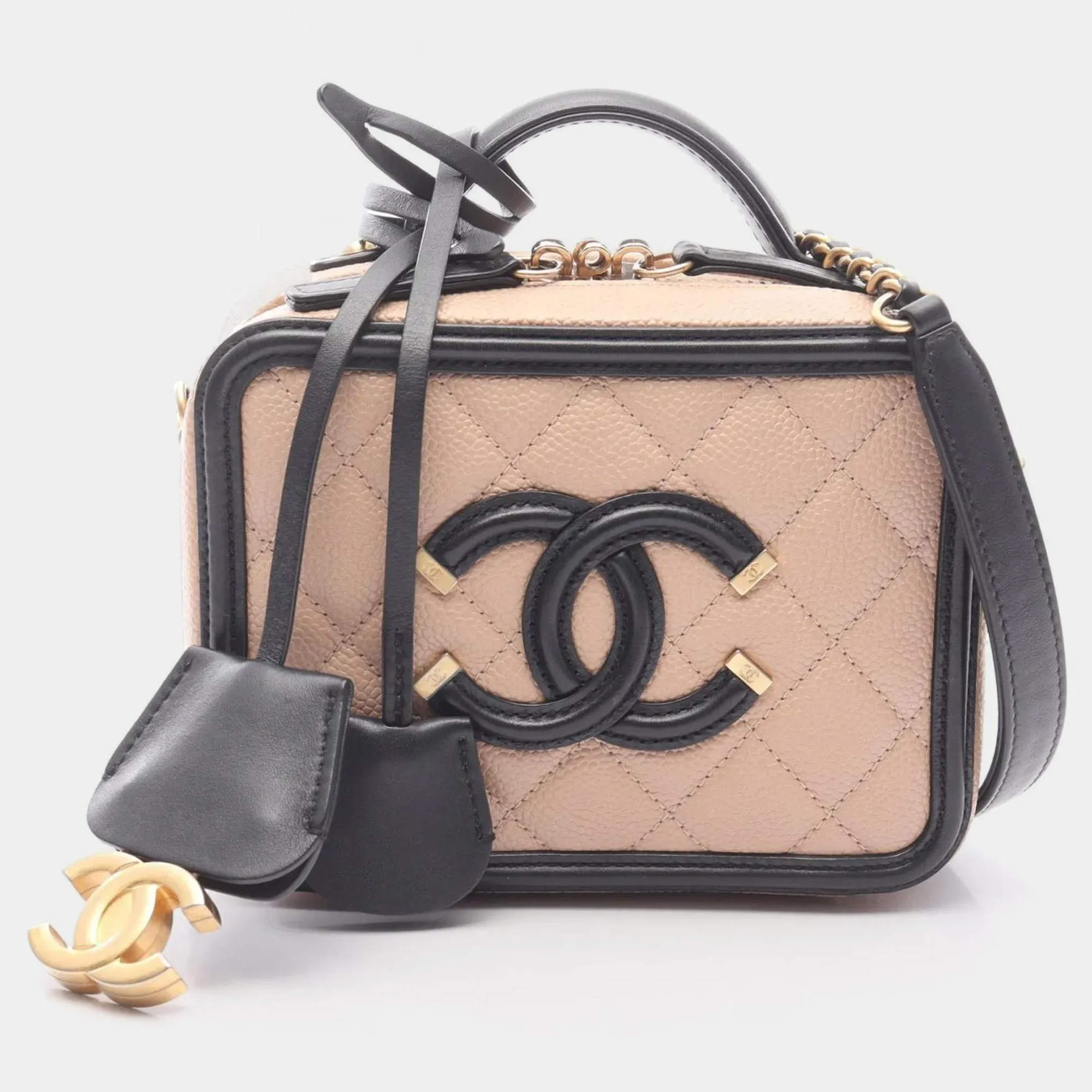 Pre Owned Chanel Filigree Mini Vanity Pink Black Leather Shoulder Bag