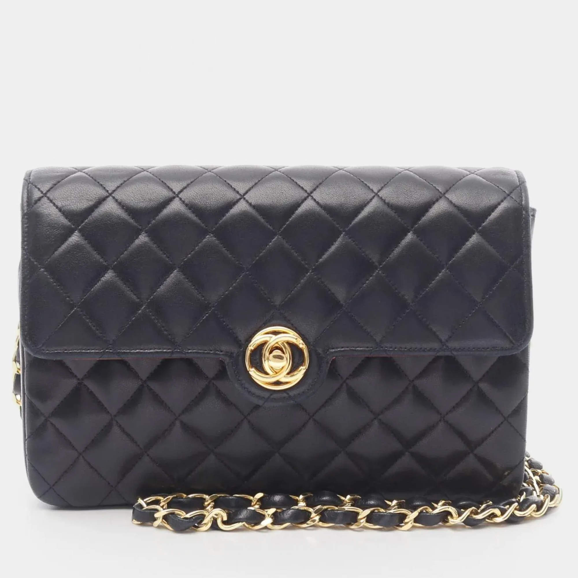 Pre Owned Chanel Matelasse Single Flap Navy Lambskin Leather Shoulder Bag