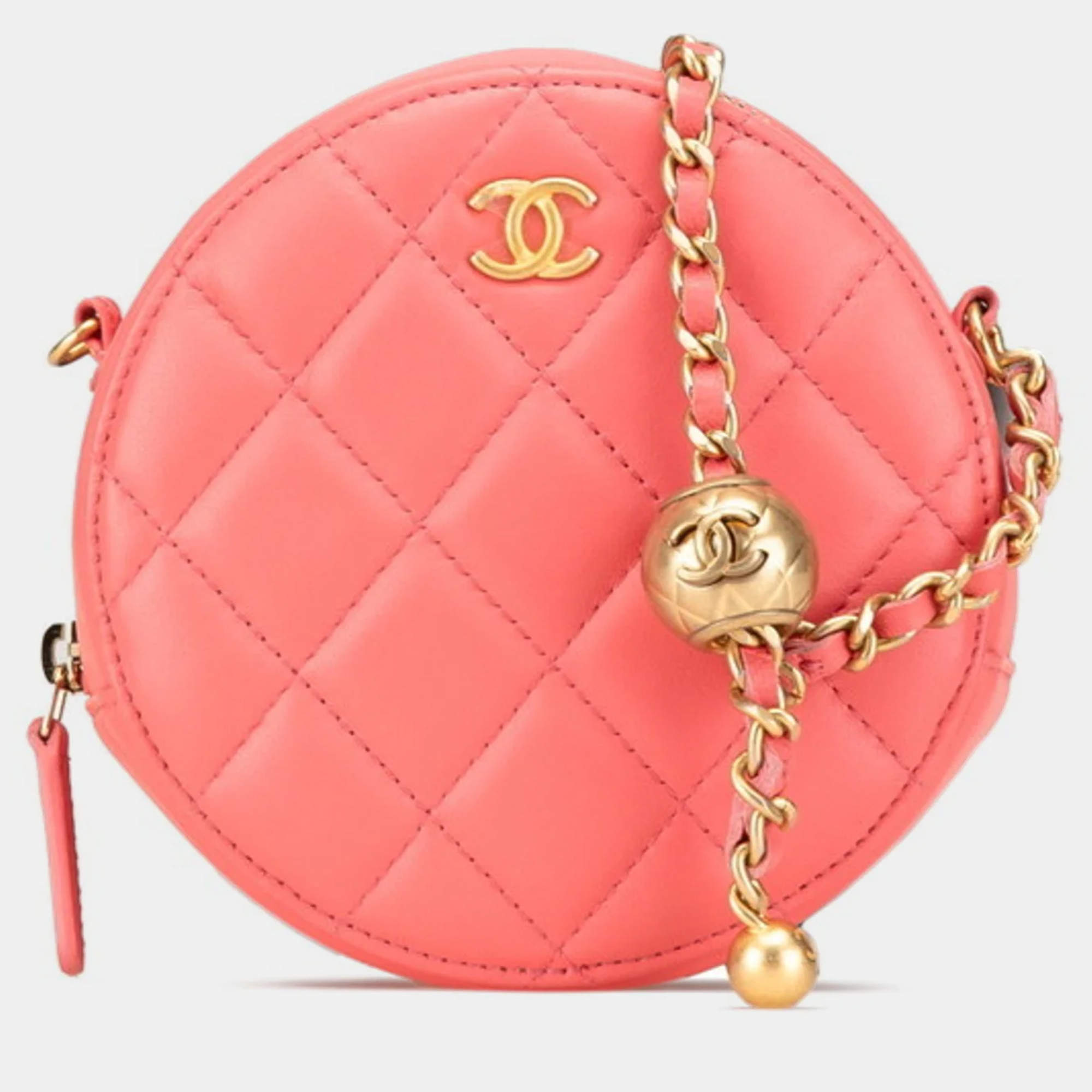 Pre Owned Chanel Coco Mark Round Pink Lambskin Shoulder Bag