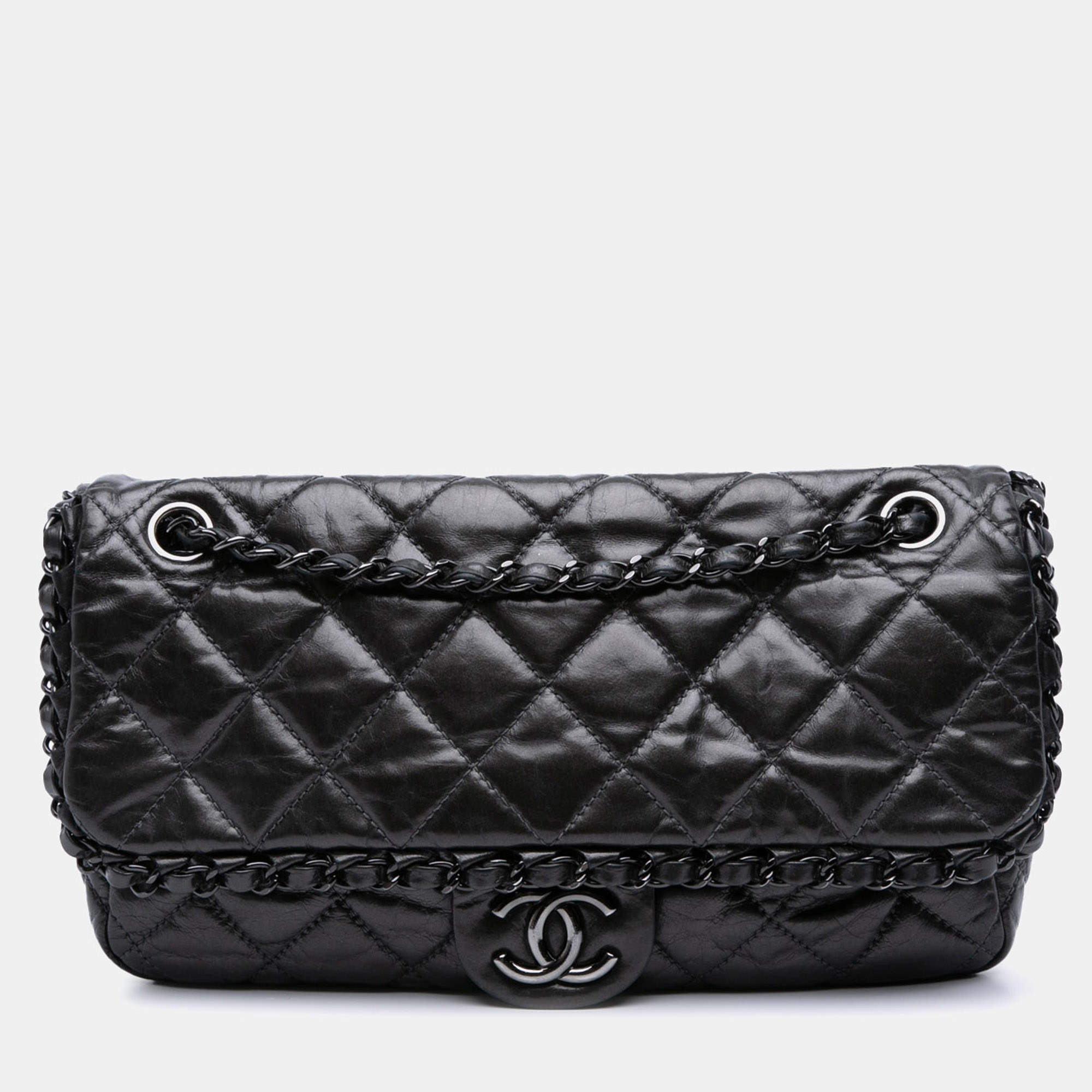 Pre Owned Chanel Grey Medium Quilted Metallic Aged Calfskin Chain Me Flap