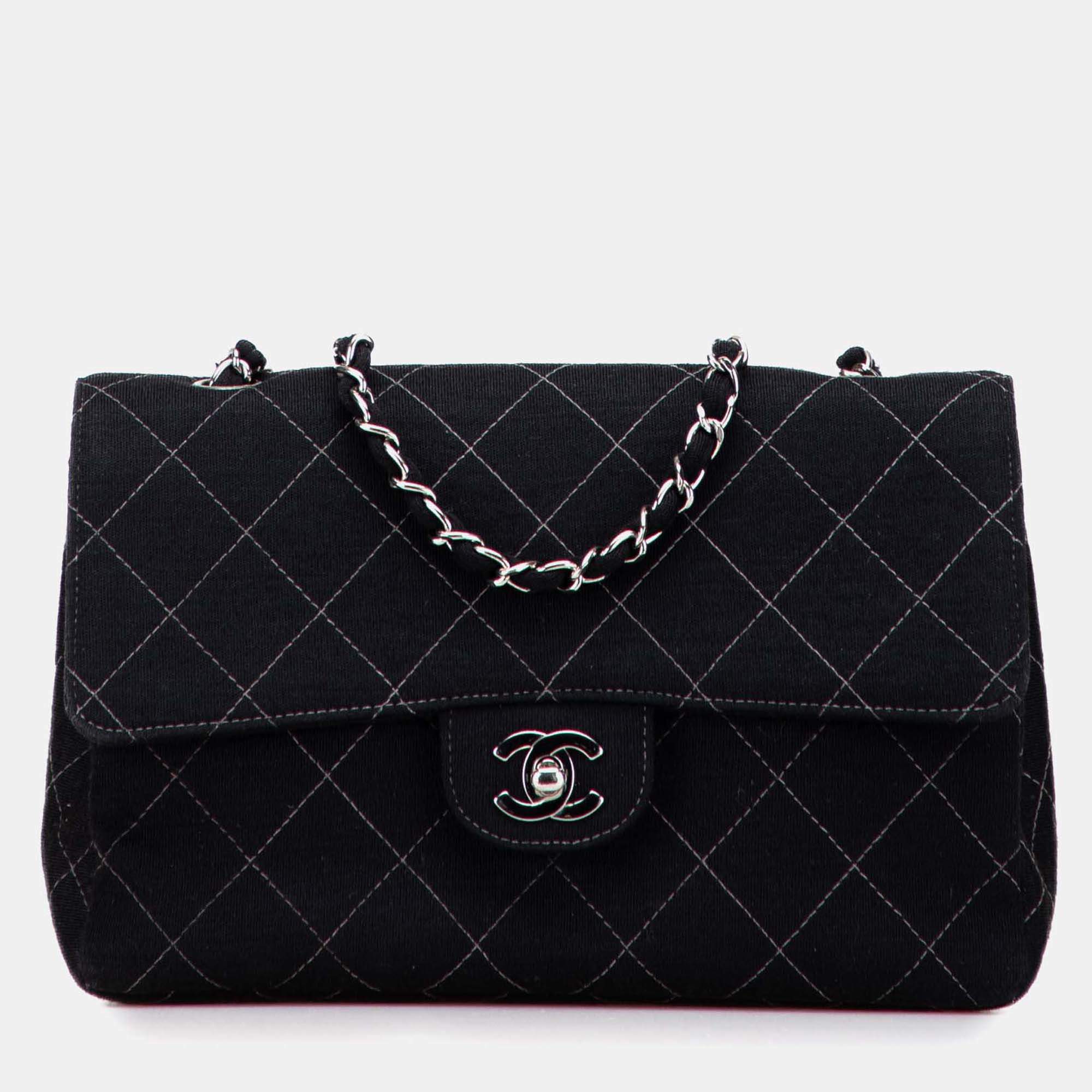 Pre Owned Chanel Black Medium Quilted Jersey Single Flap