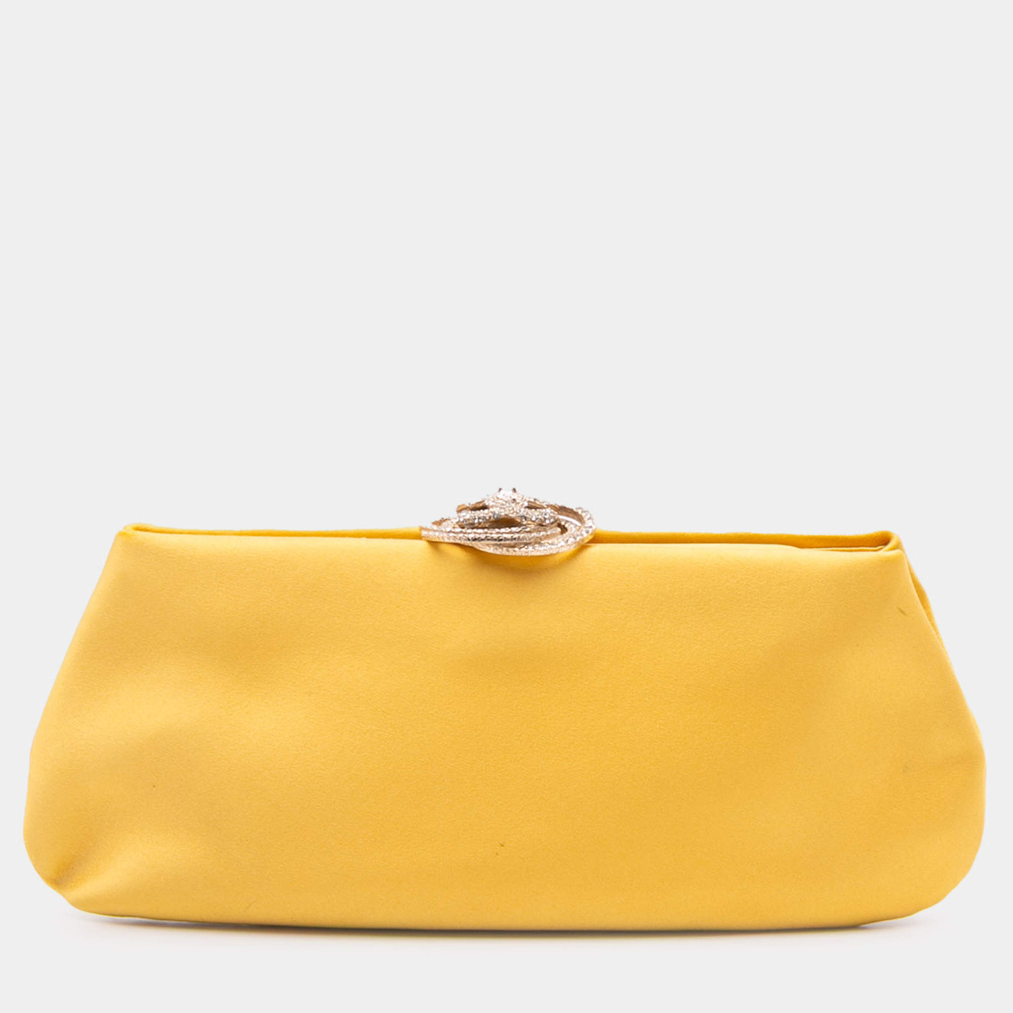 Pre Owned Chanel Yellow Satin Crystal Camellia Evening Frame Clutch