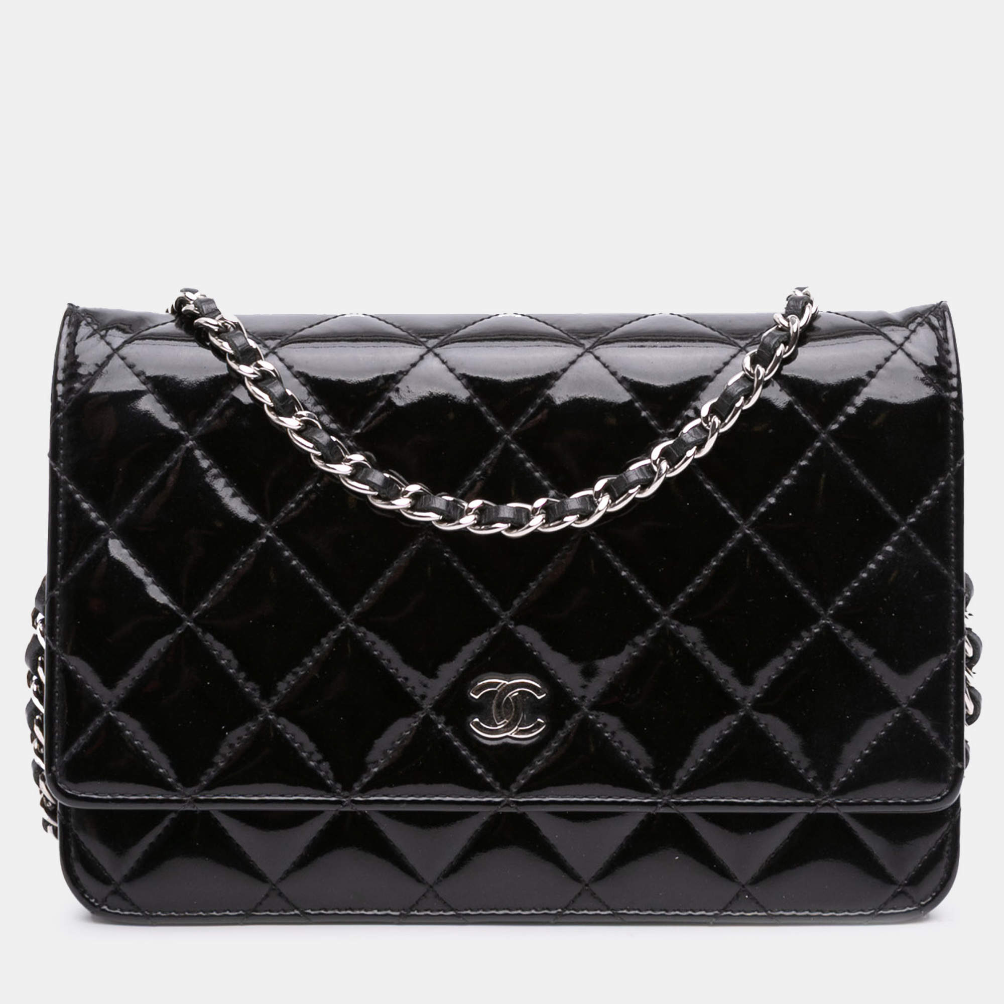 Pre Owned Chanel Black CC Quilted Patent Wallet On Chain