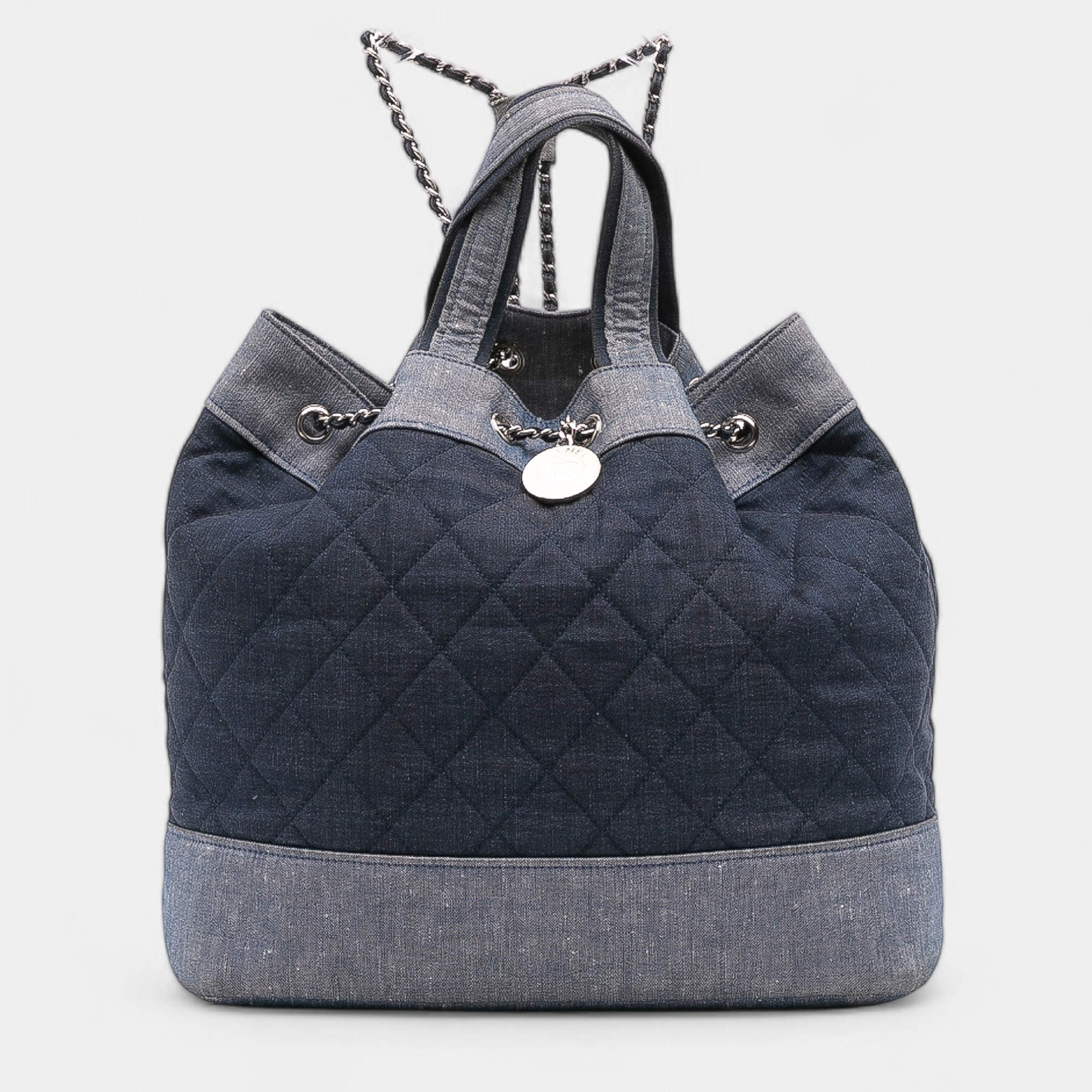 Pre Owned Chanel Blue Quilted Denim Medallion Backpack
