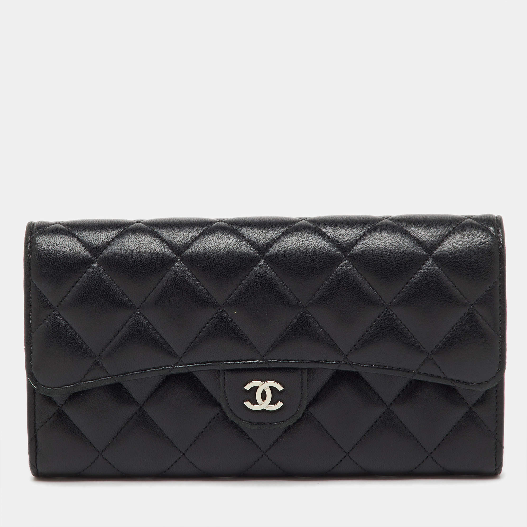 Pre Owned Chanel Black Quilted Leather Classic Long Flap Wallet
