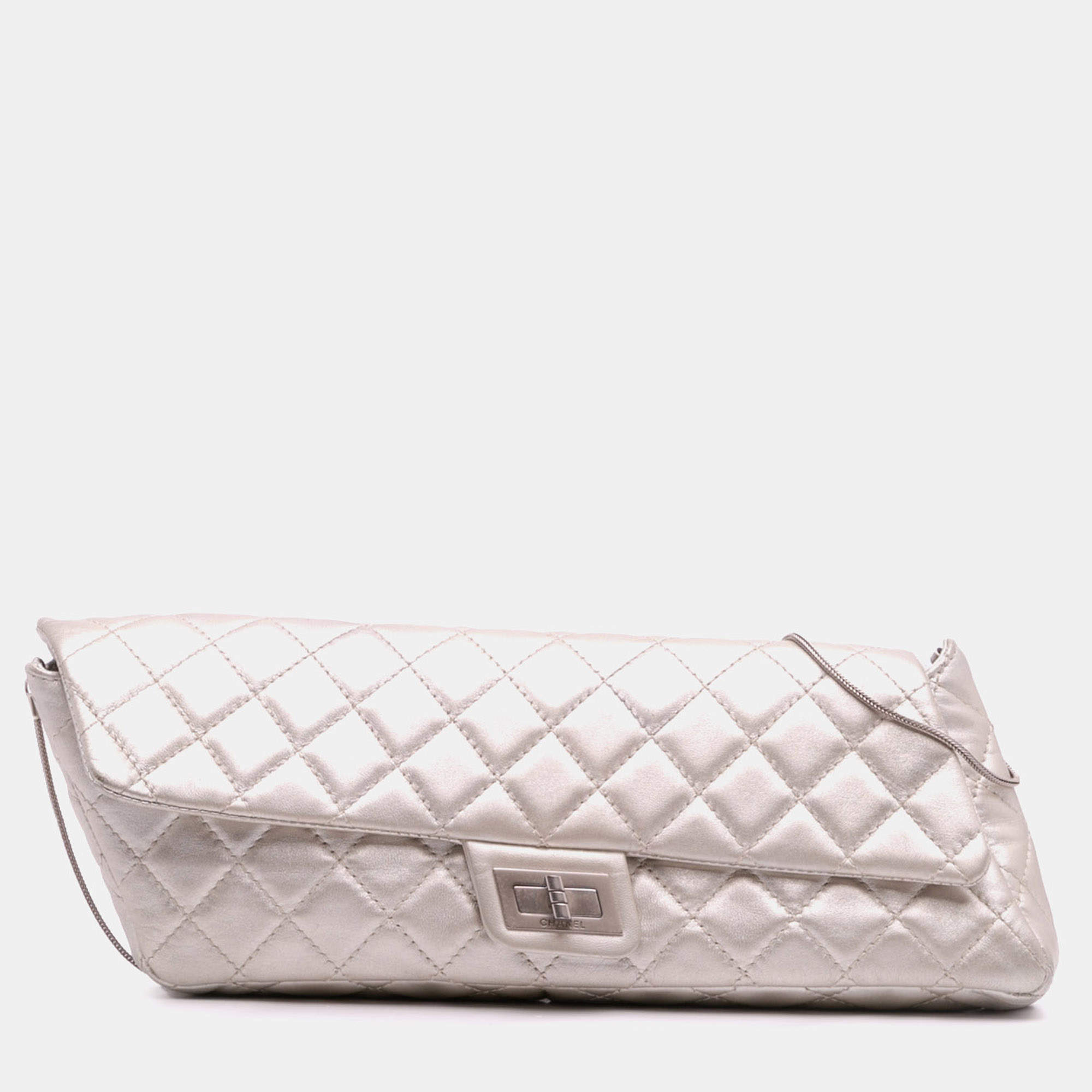 Pre Owned Chanel Silver Reissue 2.55 Metallic Lambskin Clutch With Chain