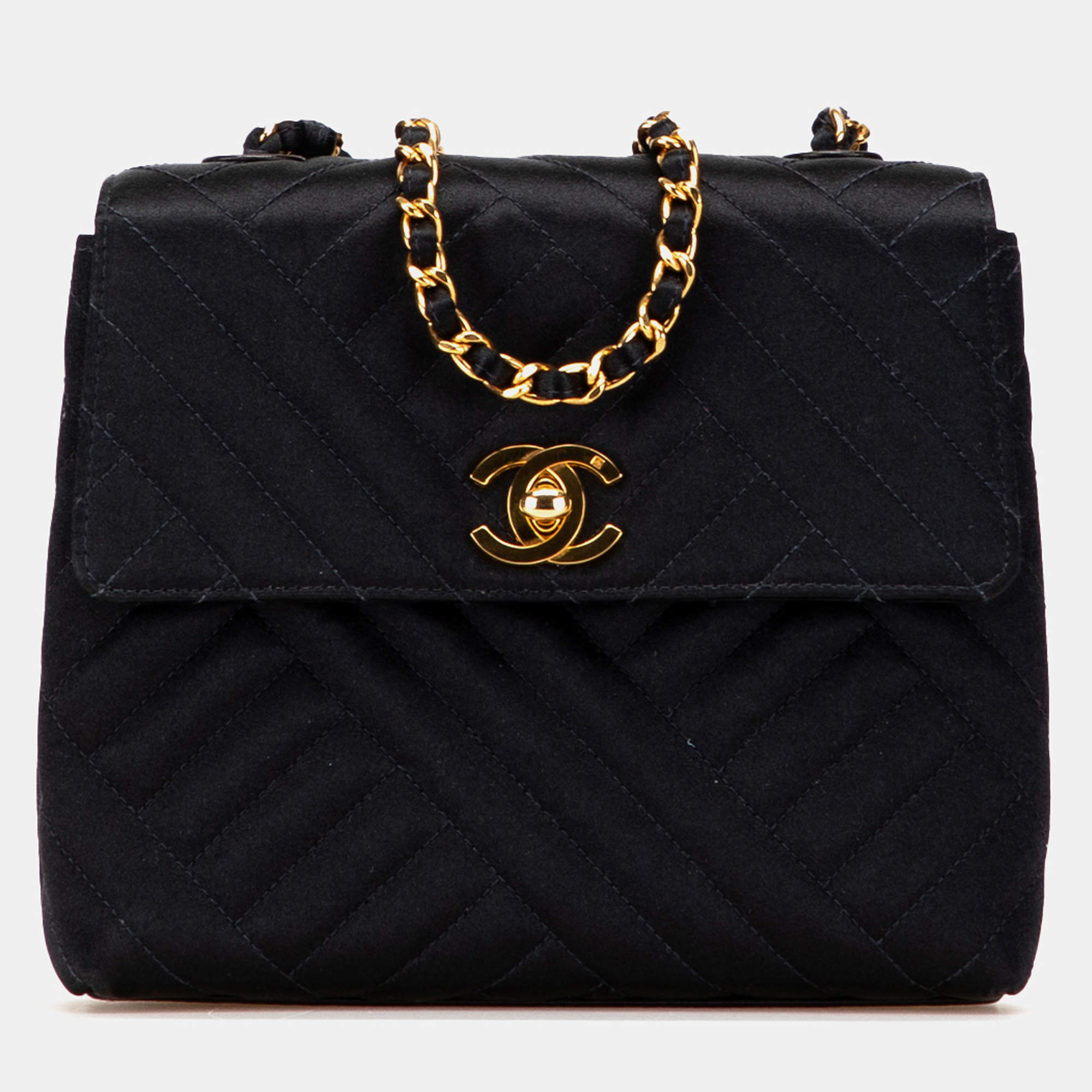 Pre Owned Chanel Black Mini Square Diagonal Quilted Satin Single Flap Bag