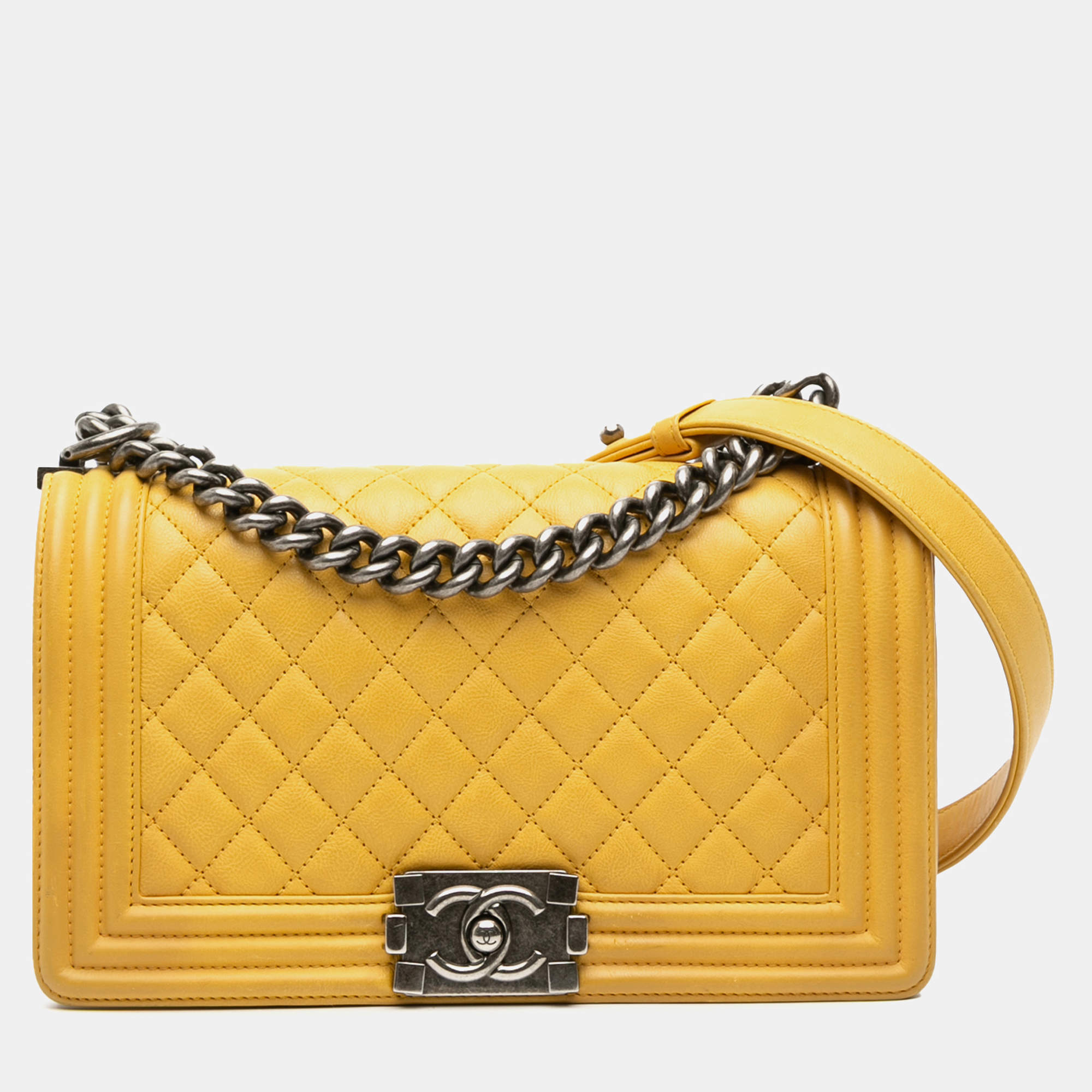 Pre Owned Chanel Yellow Old Medium Quilted Calfskin Boy Flap