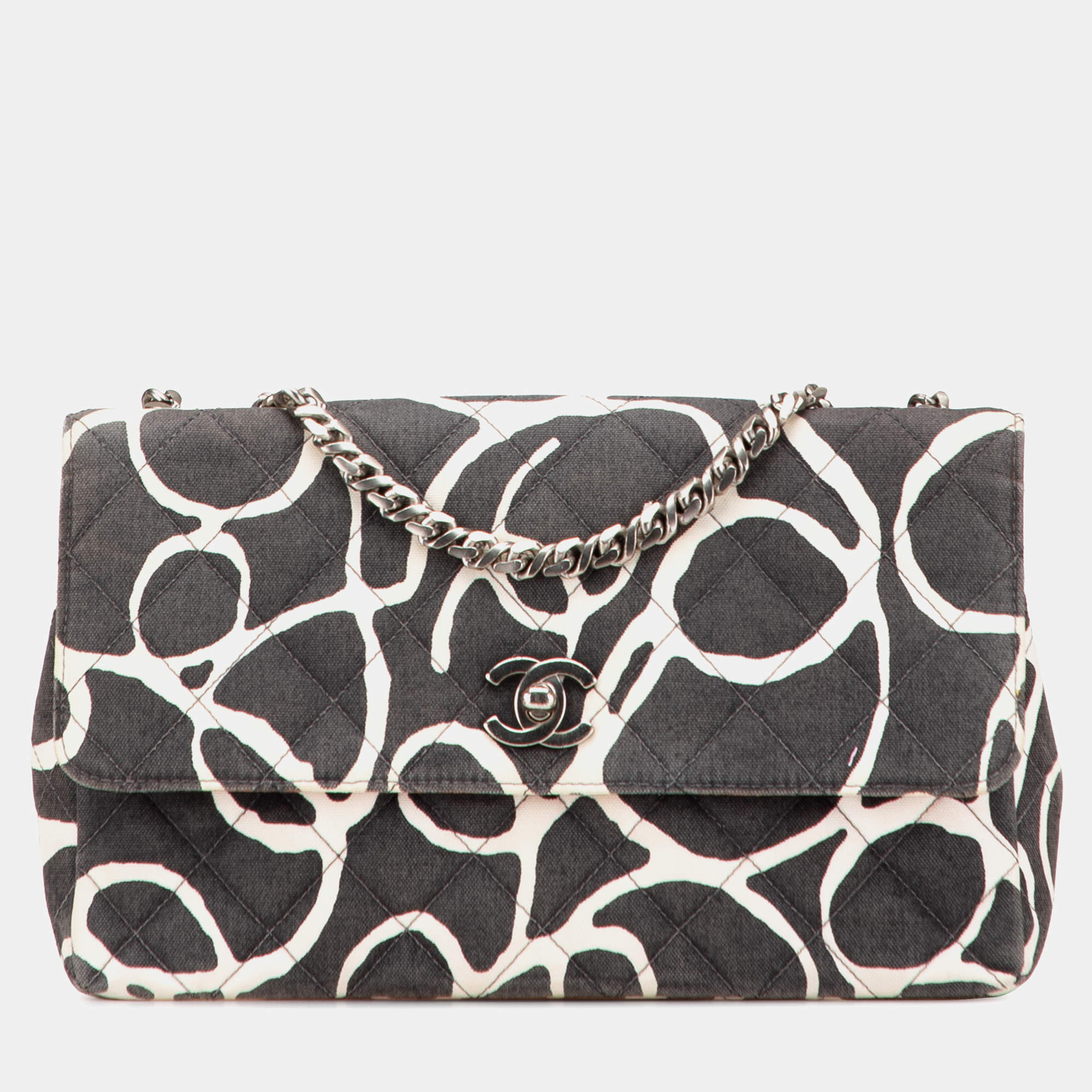 Pre Owned Chanel Black White Medium CC Quilted Printed Canvas Single Flap Bag