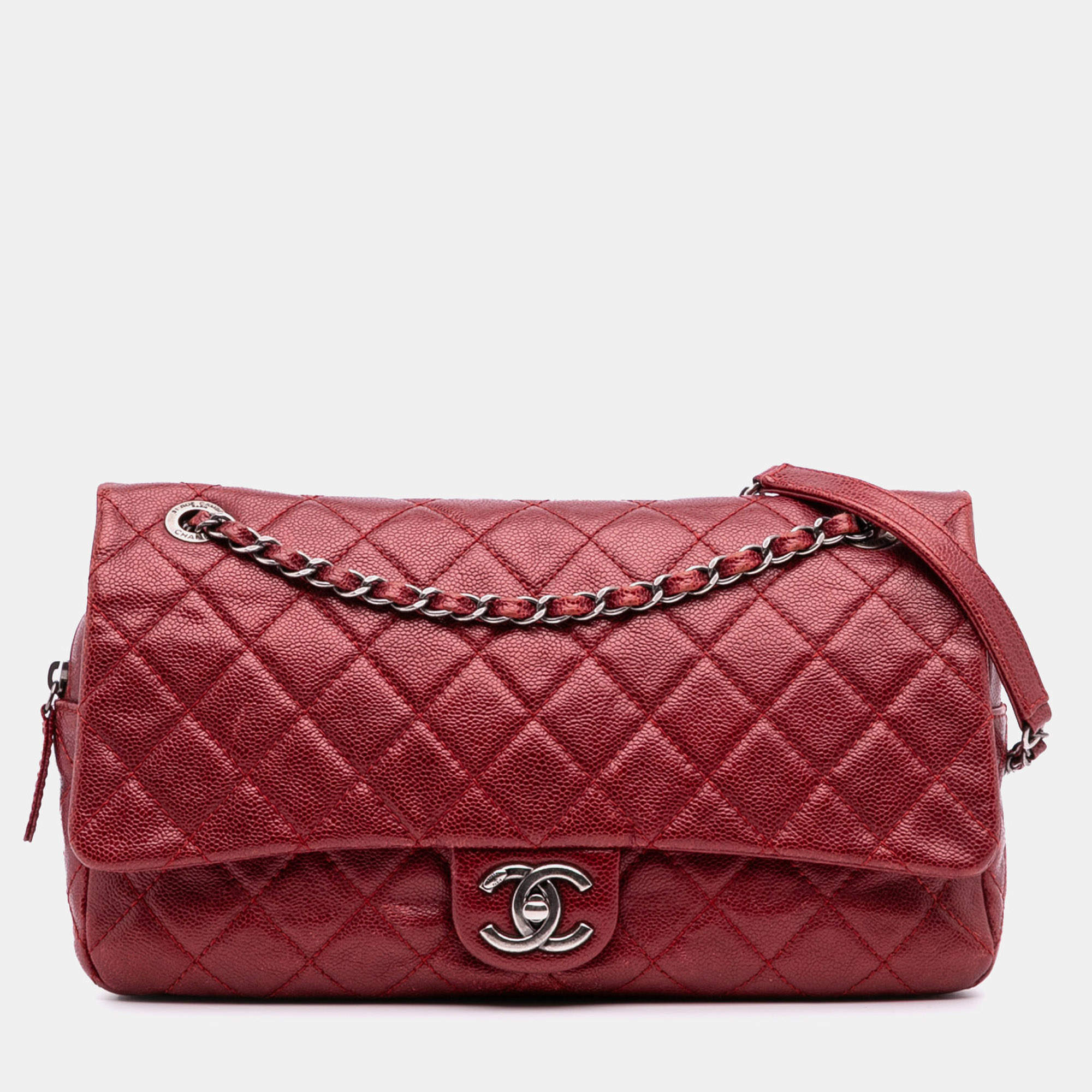 Pre Owned Chanel Red Medium Quilted Caviar Easy Flap