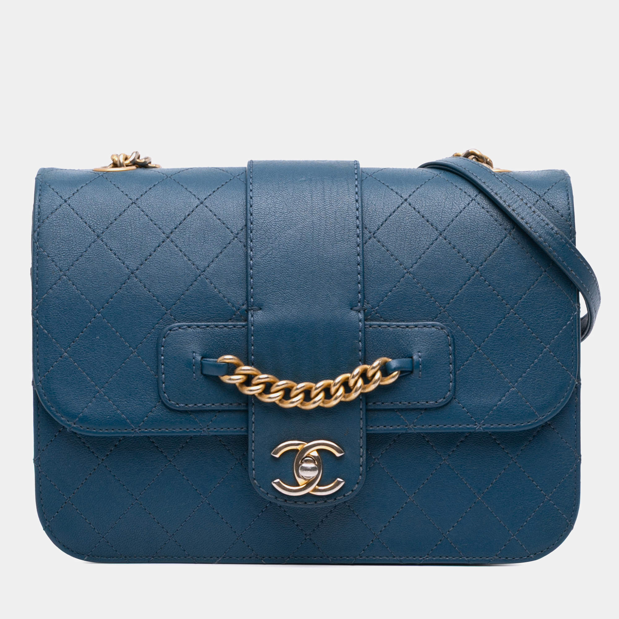 Pre Owned Chanel Blue Large Quilted Sheepskin Front Chain Flap