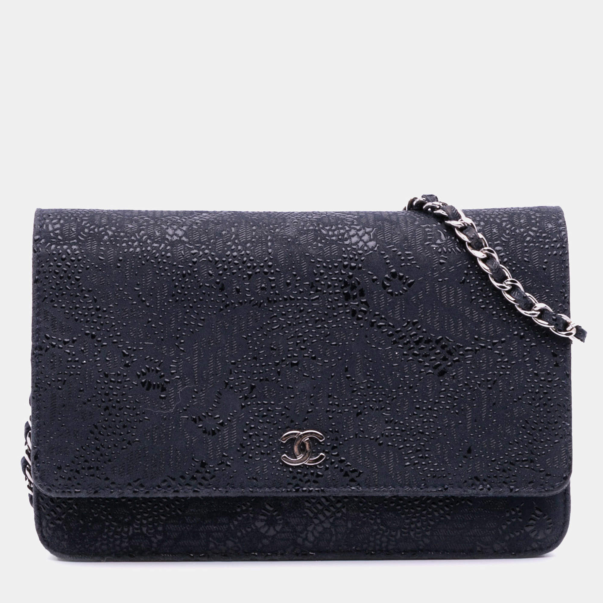 Pre Owned Chanel Blue Lace Overlay Goatskin Wallet On Chain