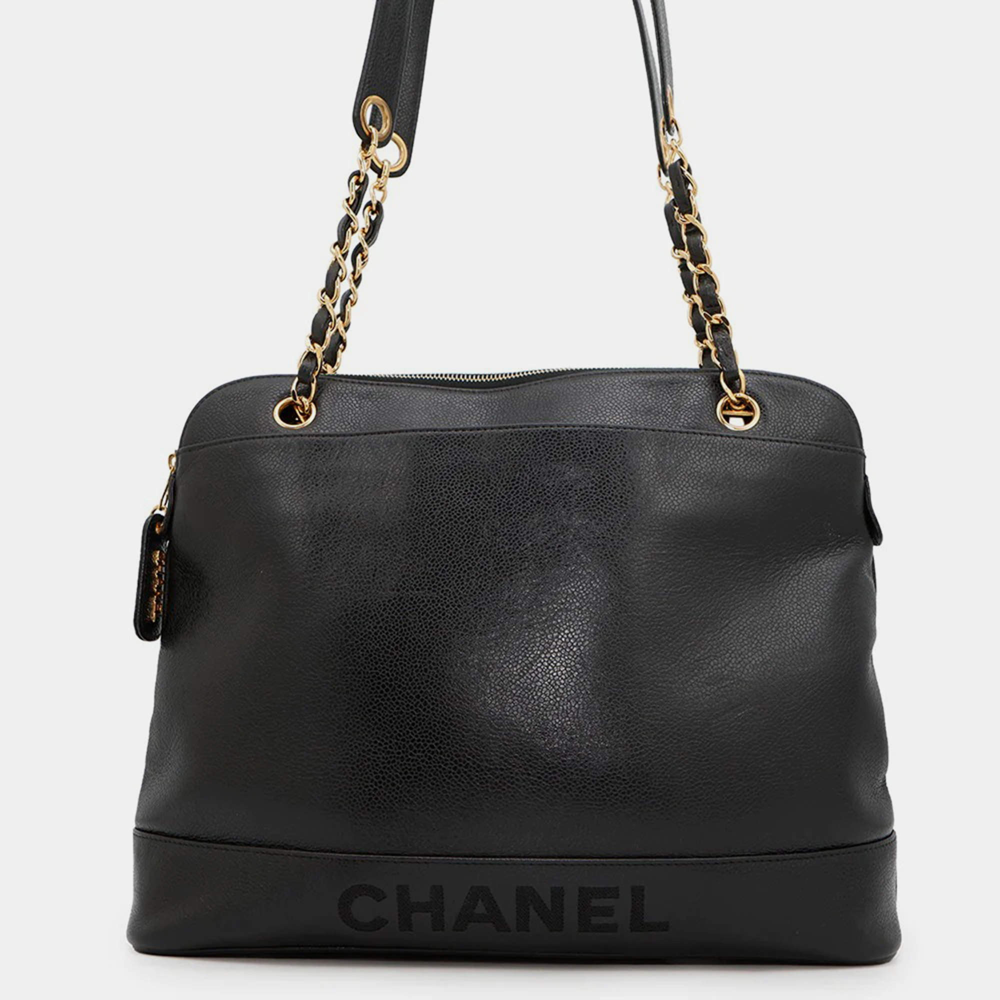 Pre Owned Chanel Logo Black Caviar Leather Chain Shoulder Bag