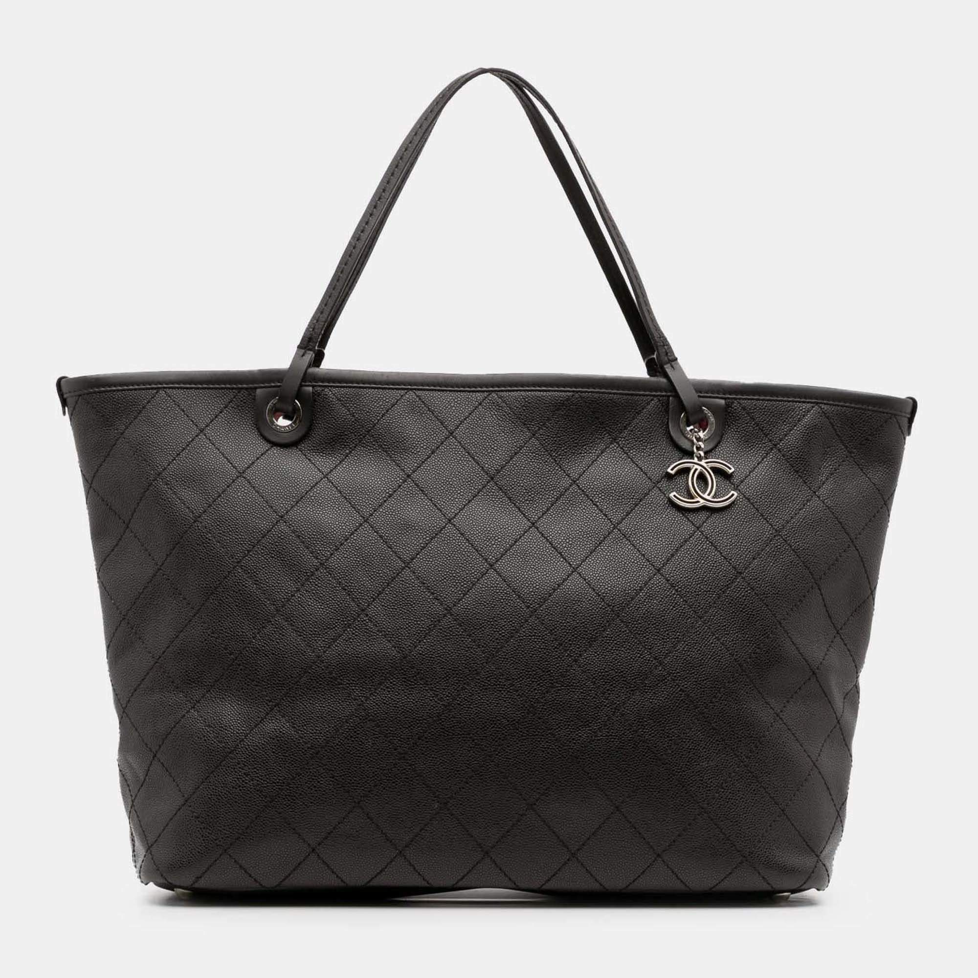 Pre Owned Chanel Black XL Quilted Caviar Shopping Fever Tote