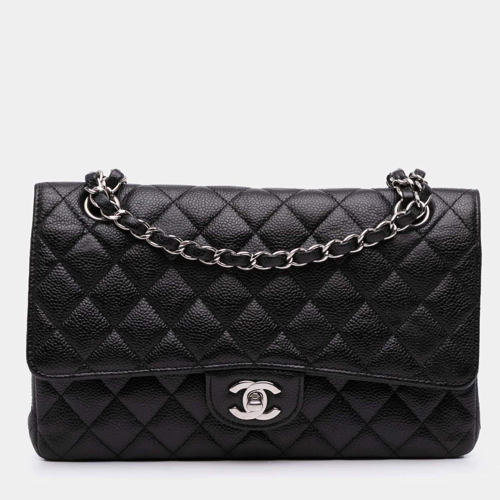 Pre Owned Chanel Black Medium Classic Caviar Double Flap