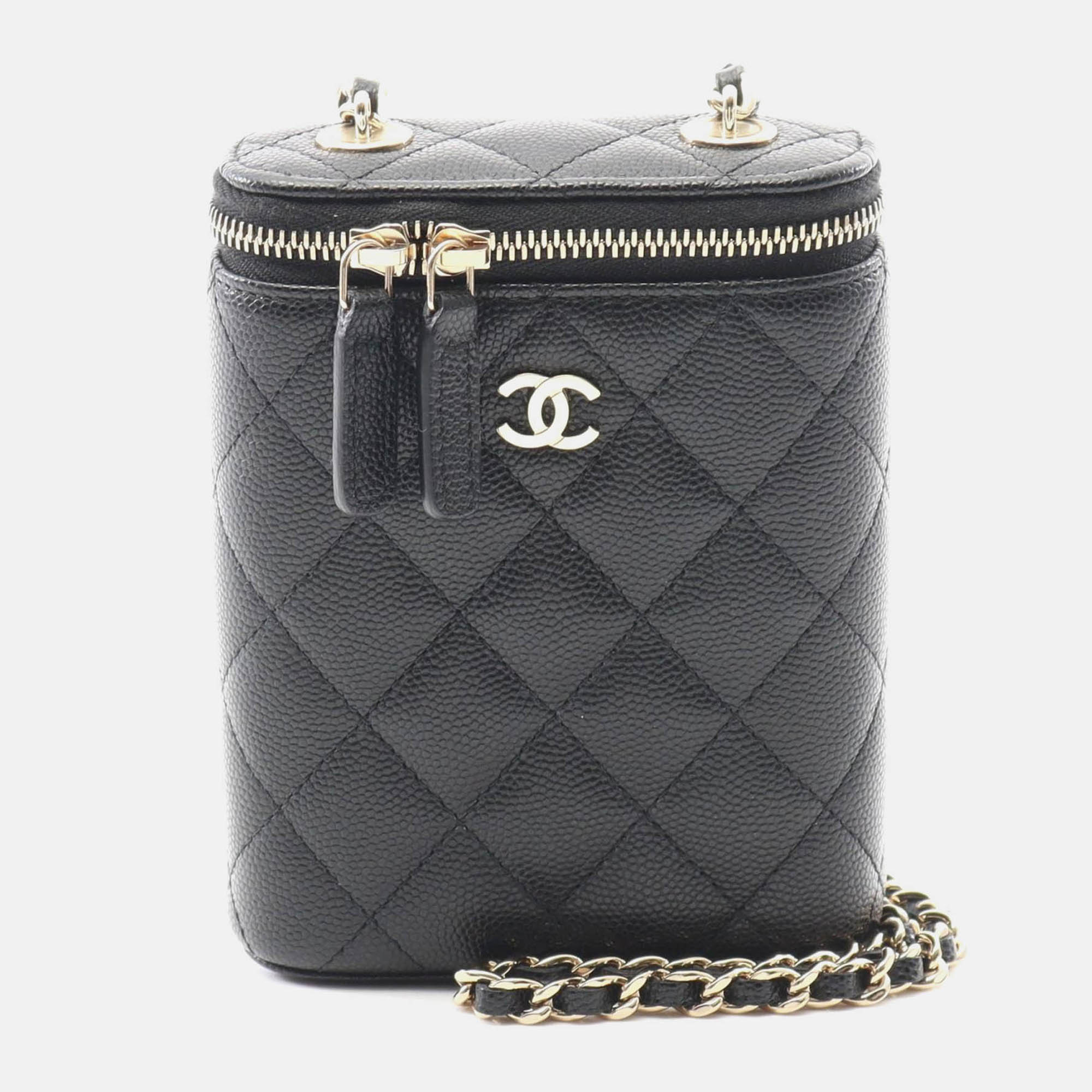 Pre Owned Chanel Matelassé Coco CC Black Calfskin Vanity Crossbody Chain Shoulder Bag GHW
