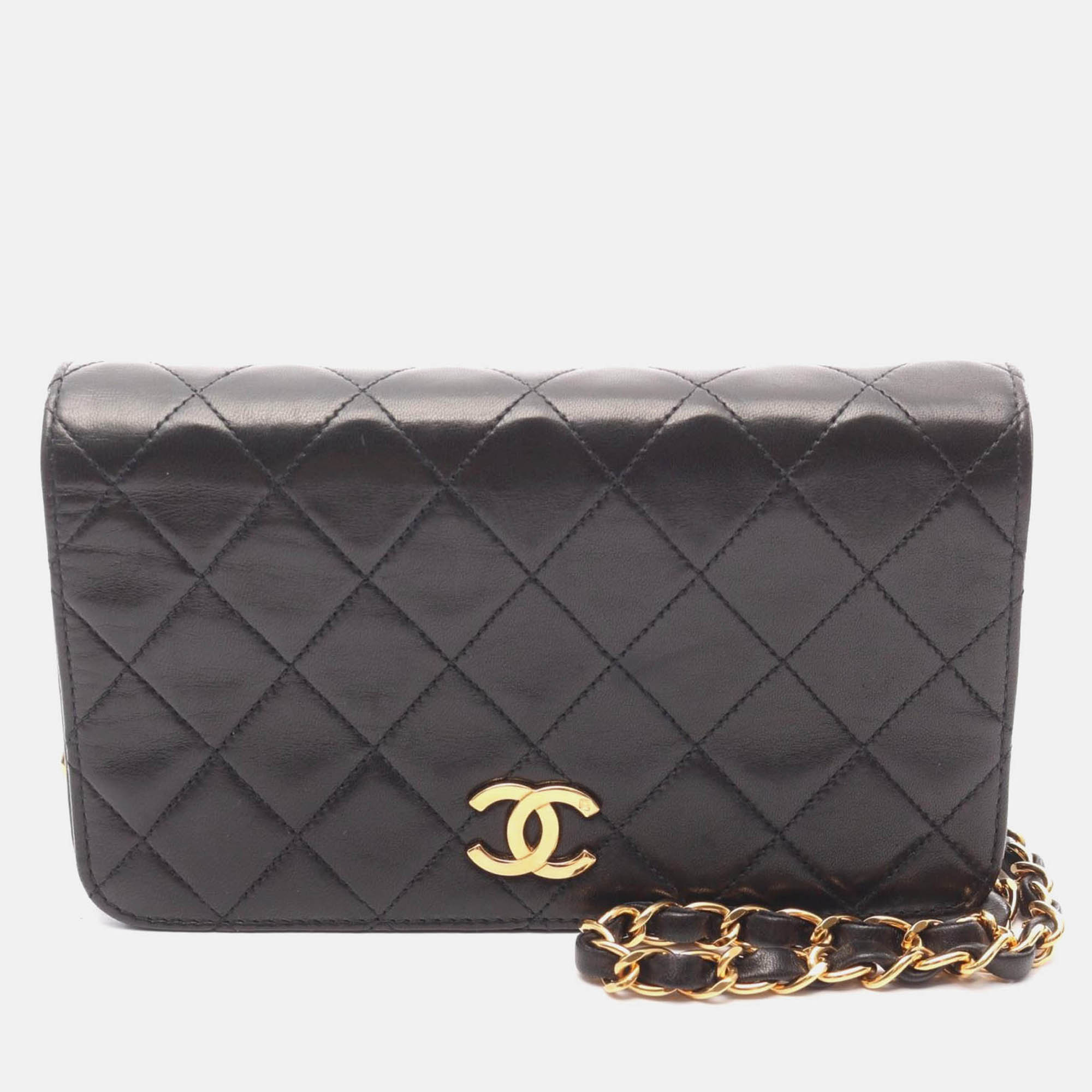 Pre Owned Chanel Mini Matelasse Black Leather Full Flap Chain Shoulder Bag GHW