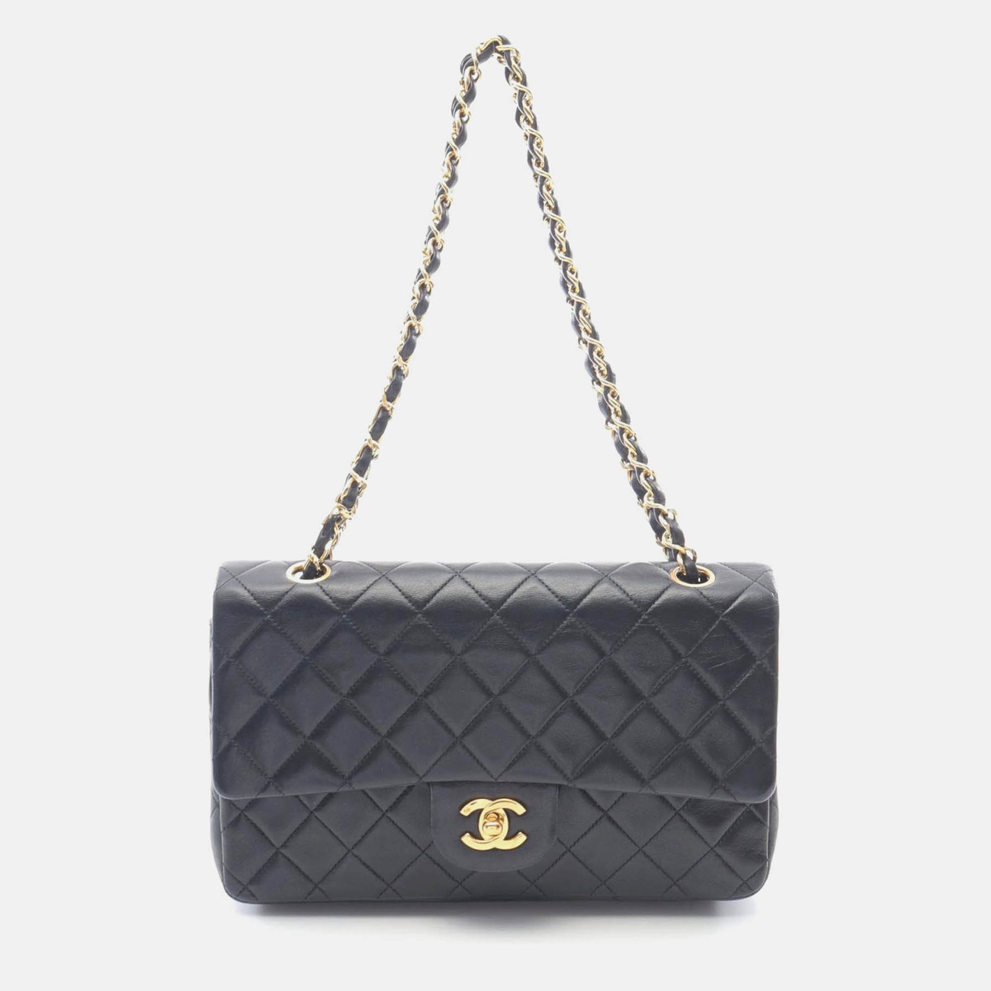 Pre Owned Chanel Matelasse Double Flap Chain Shoulder Bag Lambskin Black Ghw