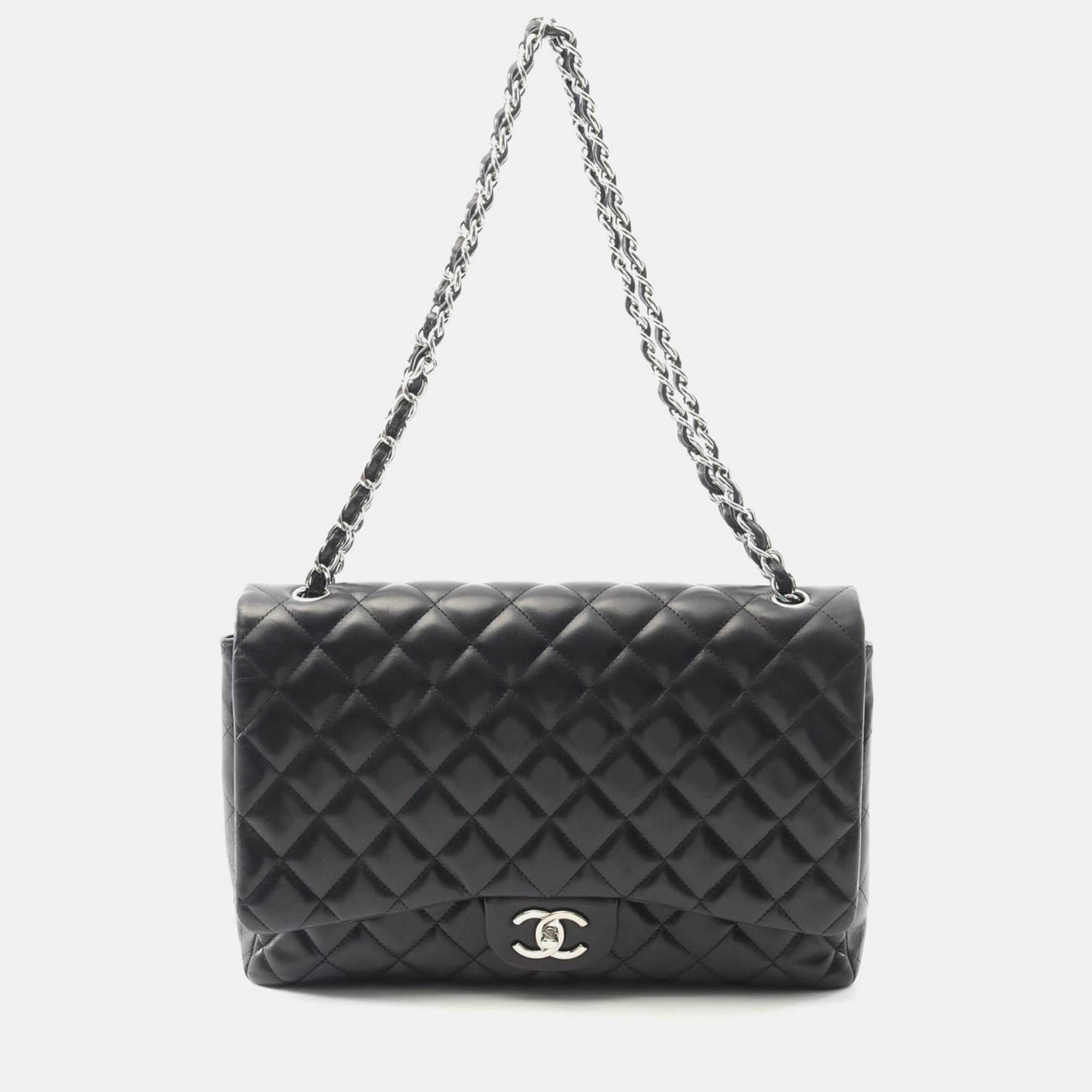 Pre Owned Chanel Jumbo Matelasse 34 Chain Shoulder Bag Lambskin Black