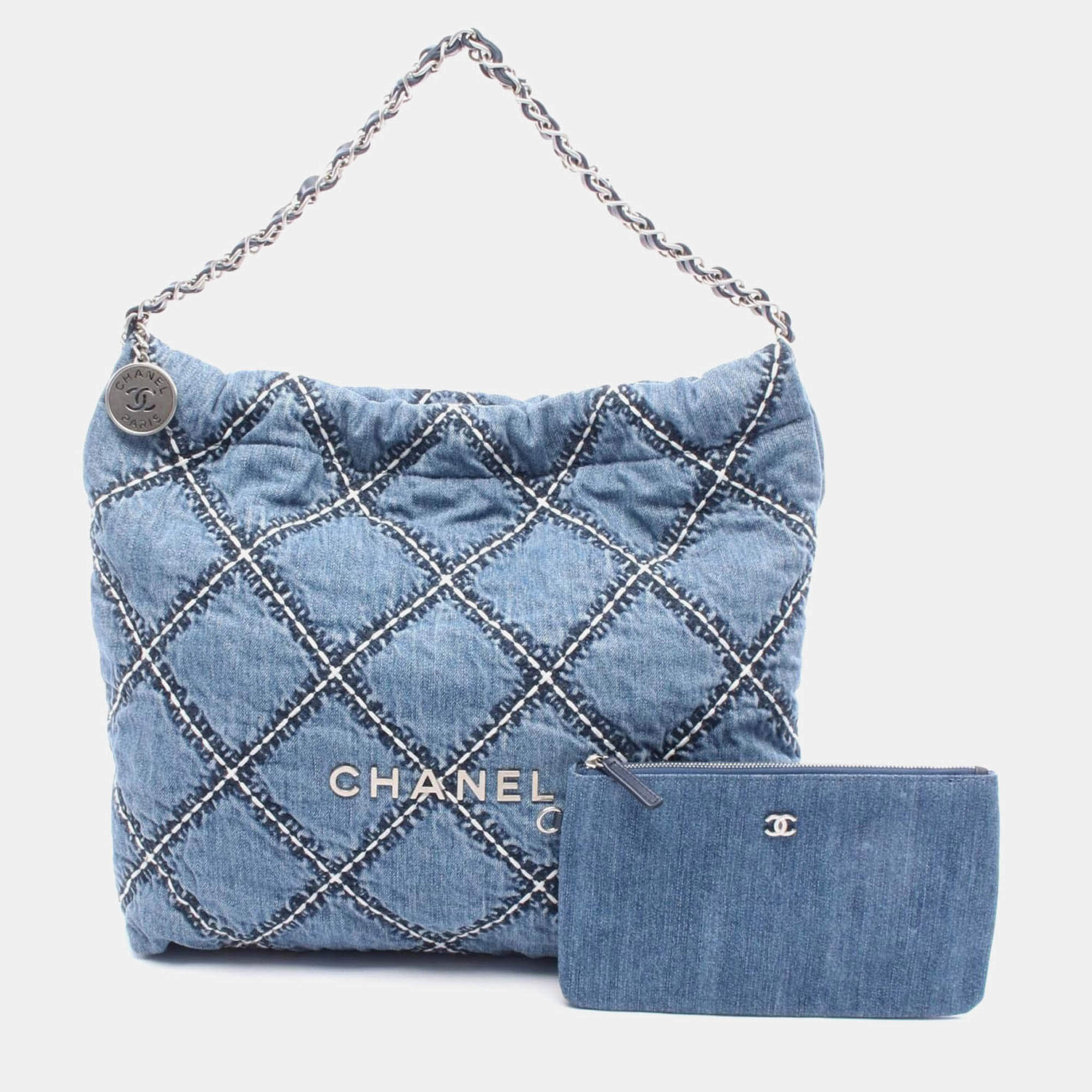 Pre Owned Chanel 22 Chain Shoulder Tote Bag Denim Leather Navy
