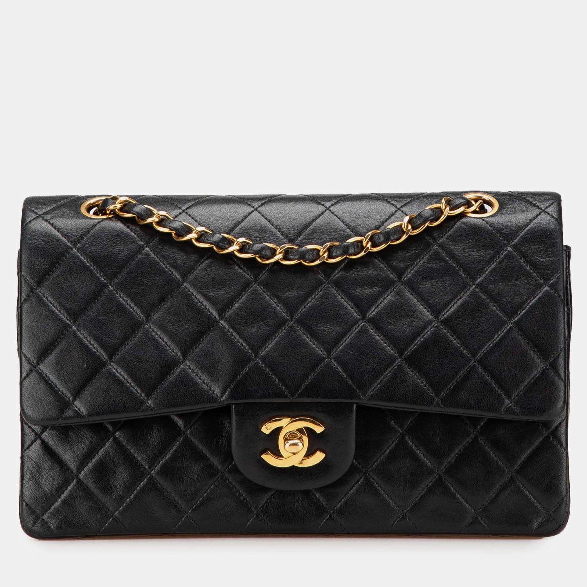 Pre Owned Chanel Black Medium Classic Lambskin Double Flap Bag