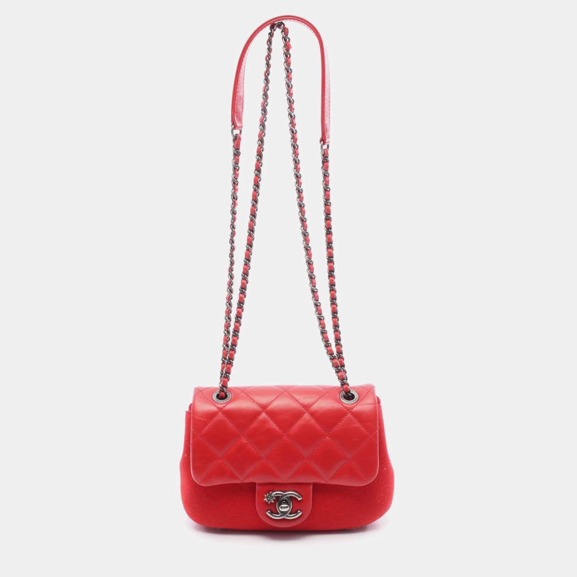 Pre Owned Chanel Red Paris Salzburg Mini Quilted Glazed Calfskin and Felt Edelweiss Flower Flap