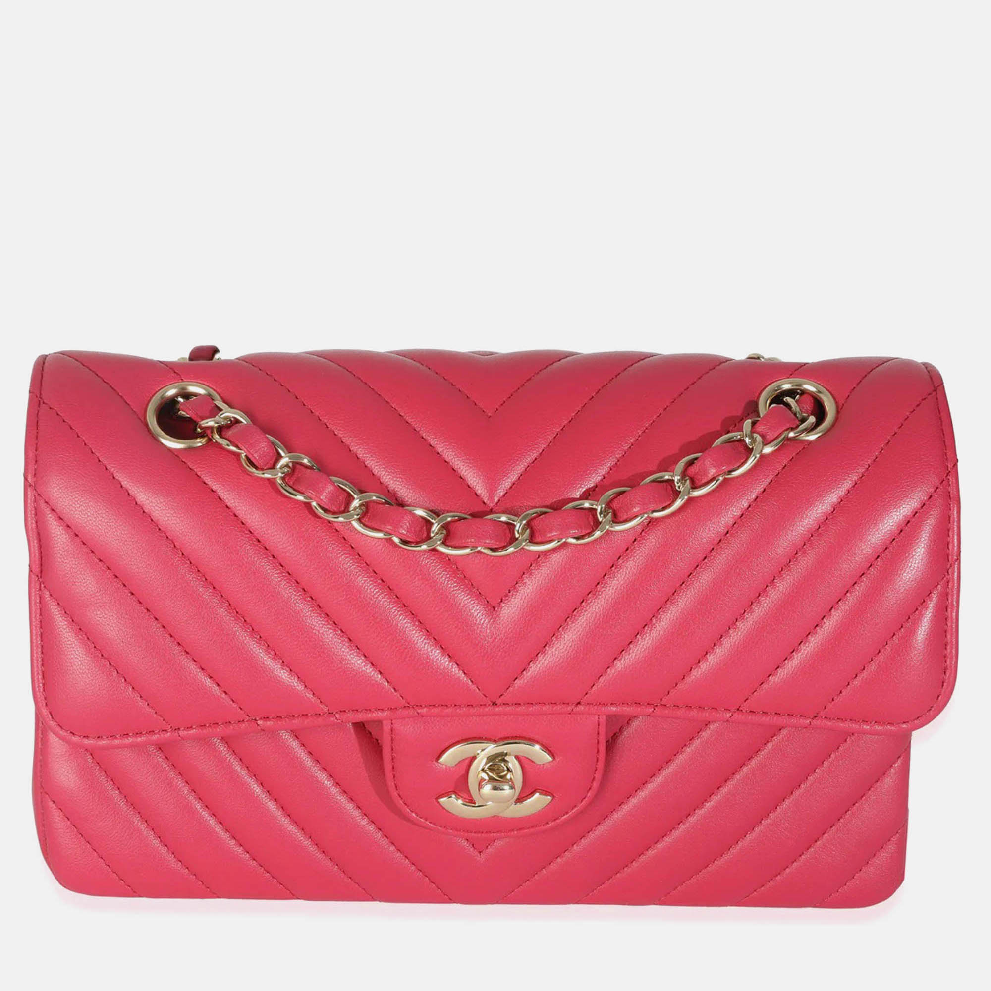 Pre Owned Chanel Dark Pink Chevron Lambskin Small Classic Double Flap Bag