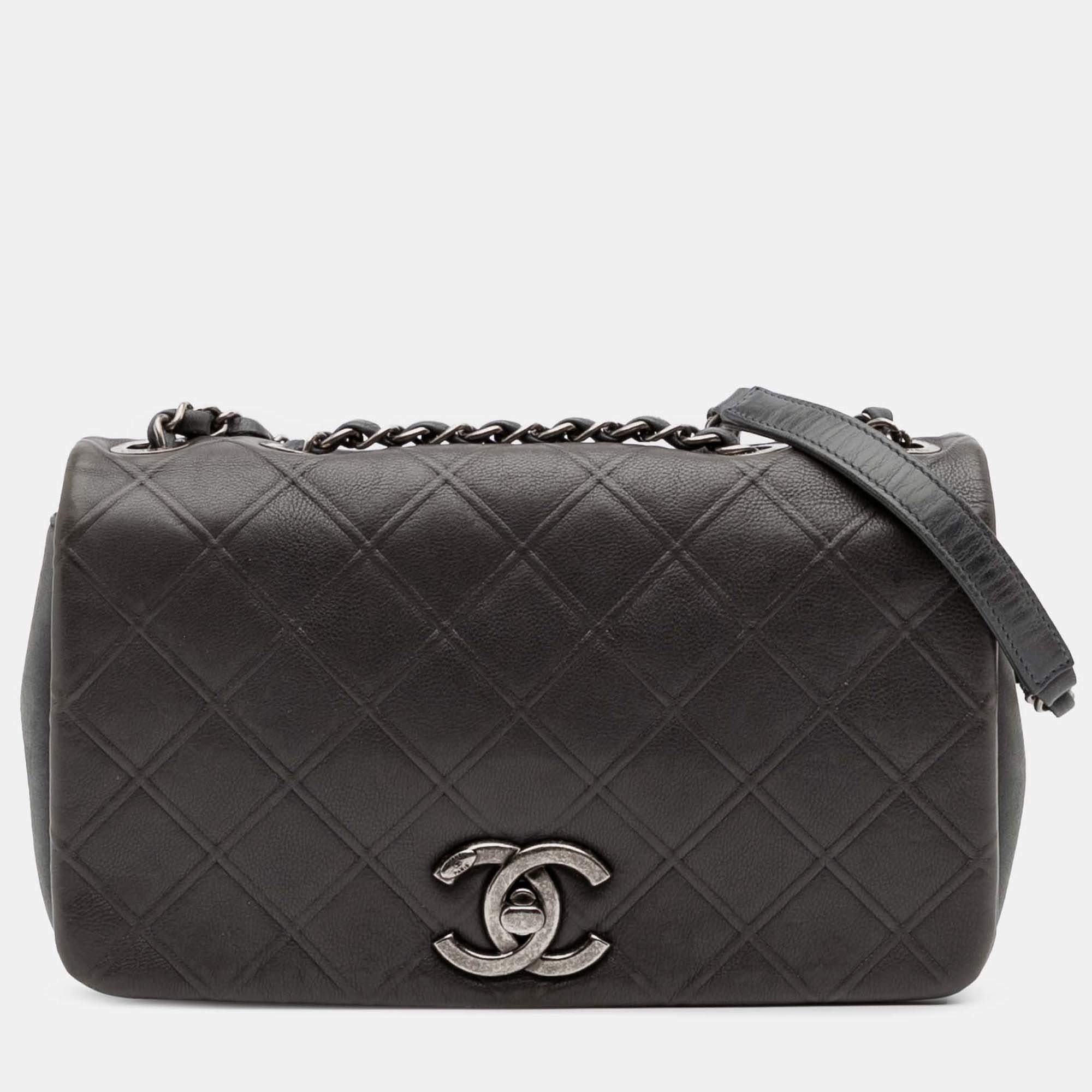 Pre Owned Chanel Grey Paris Edinburgh Medium Embossed Calfskin New Chic Flap