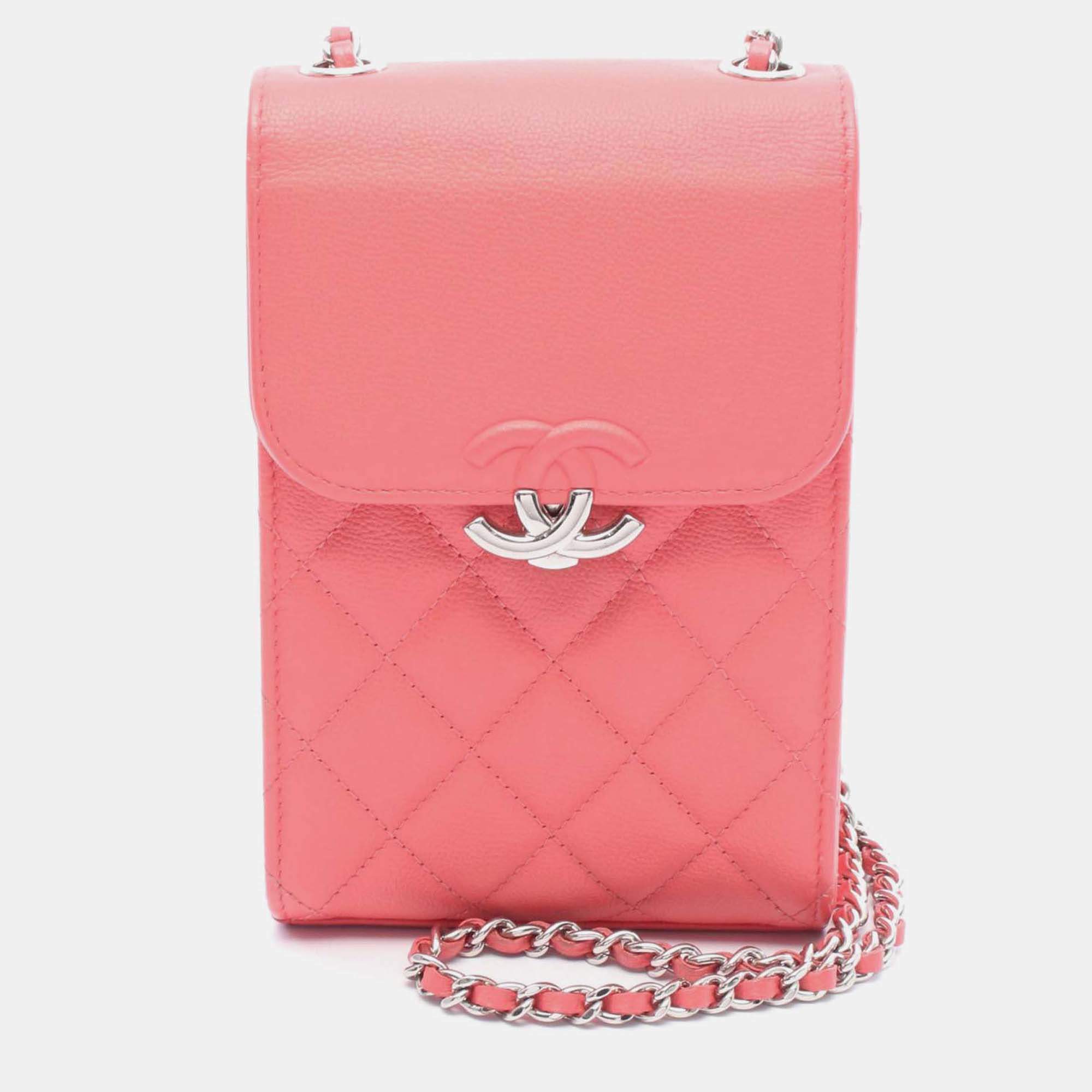 Pre Owned Chanel Pink CC Quilted Caviar Phone Holder with Chain
