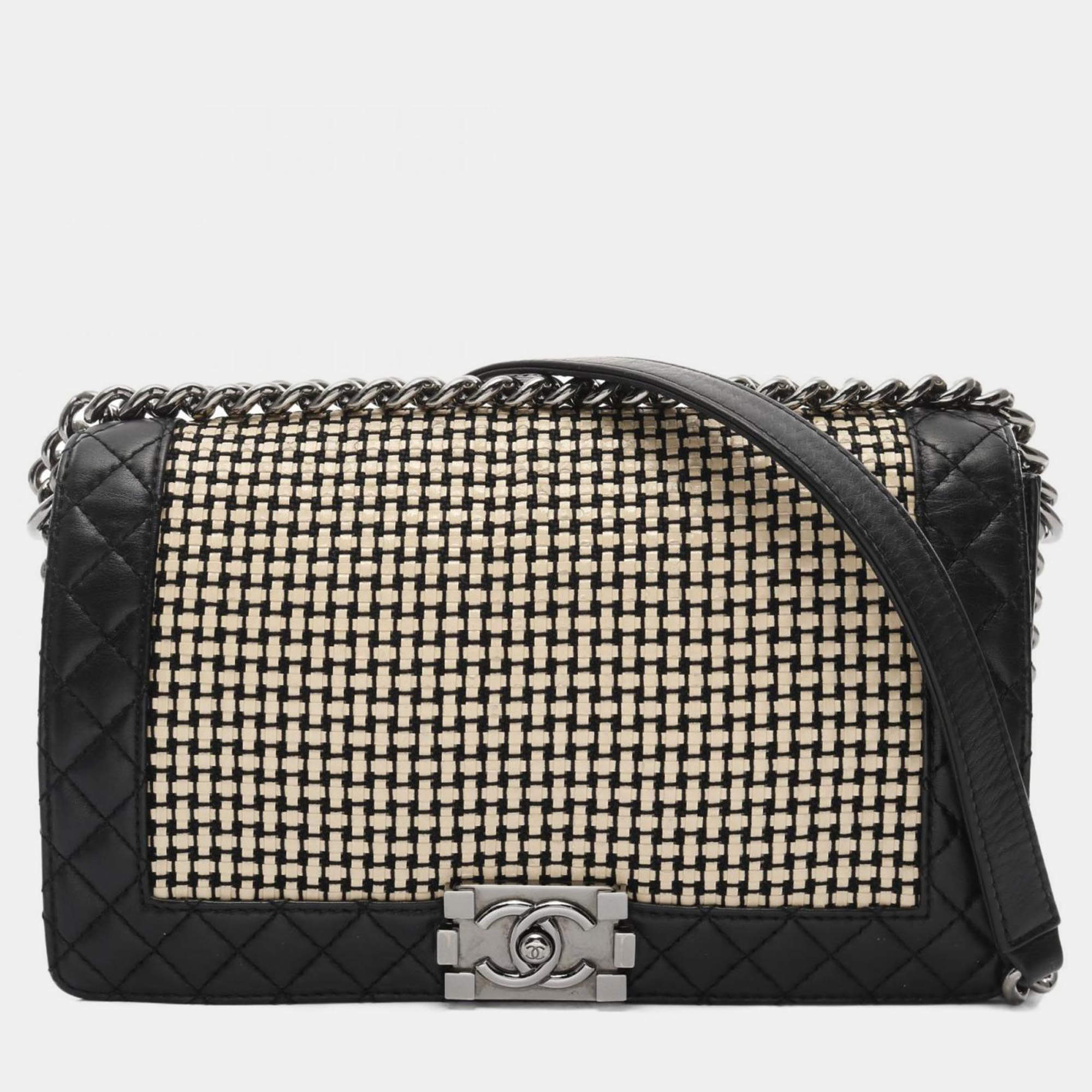 Pre Owned Chanel Boy Chanel Shoulder Bag Lambskin Leather Black And Beige