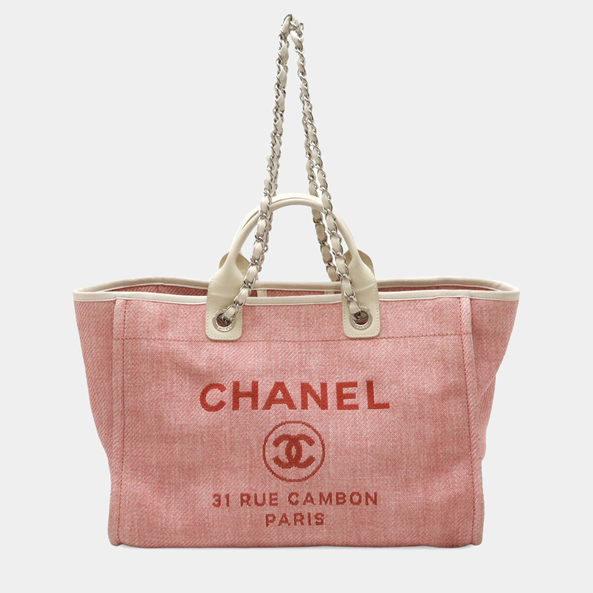 Pre Owned Chanel Deauville Tote Gm Bag Chain Shoulder Canvas Leather Pink White